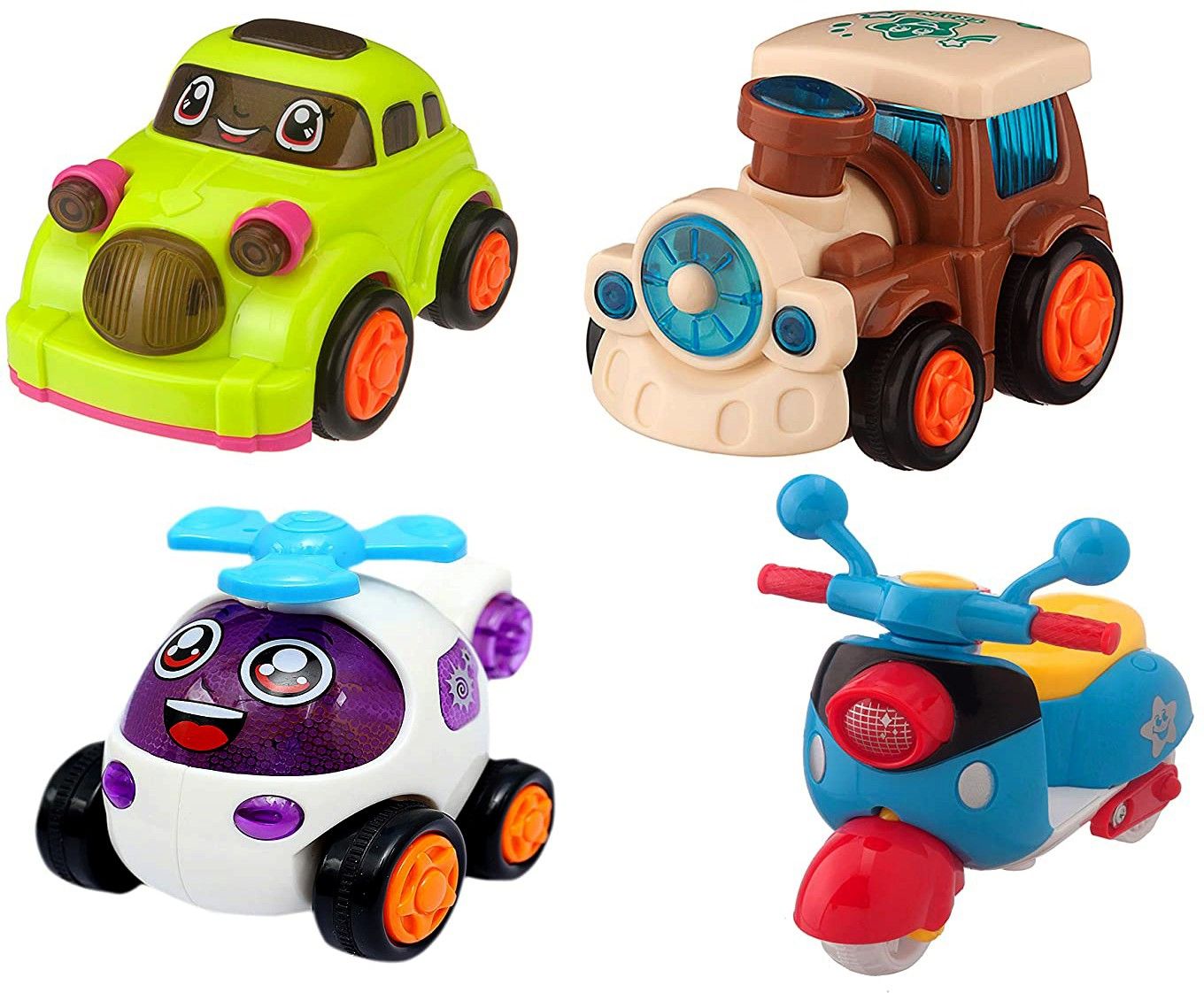 combo set of 4 friction powered cute push and go toys - car, helicopter, scooter and train engine, toy pack for toddlers, baby, kids, child, girls(4 piece)-Multi color