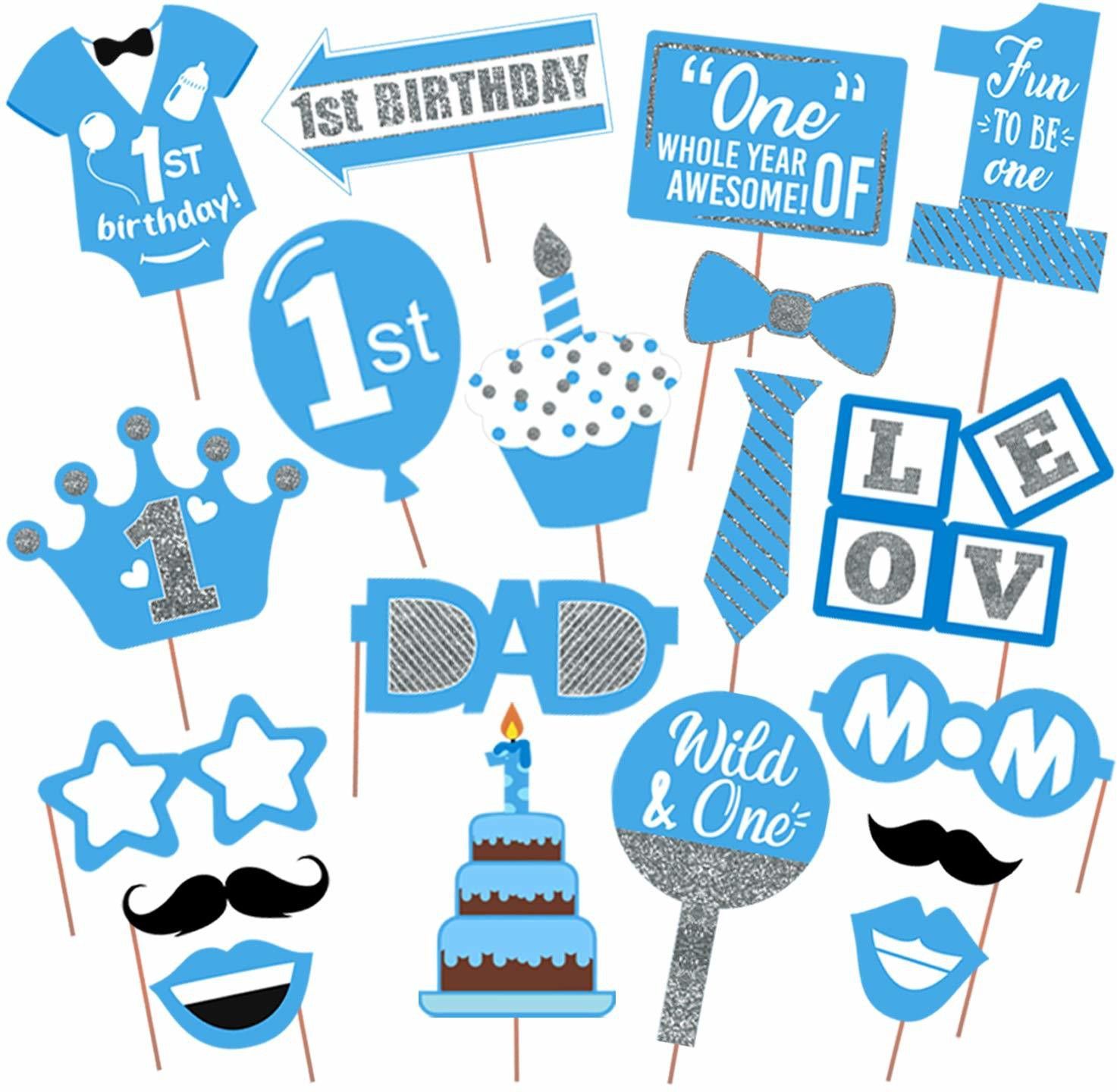 First Birthday Boy Photo Booth Props - Party Supplies for Party Birthdays Photobooth Dress Up Accessories (Pack of 19) Photo Booth Board-image-18