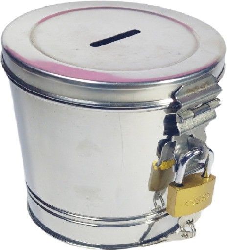 Stainless Steel Round Shape Money Bank Piggy Banks Antique Coin Bank Box Money Organiser Gullak Coin/Money box/coin box Case Gift Item Coin Bank With Lock & Key (Silver) Coin Bank