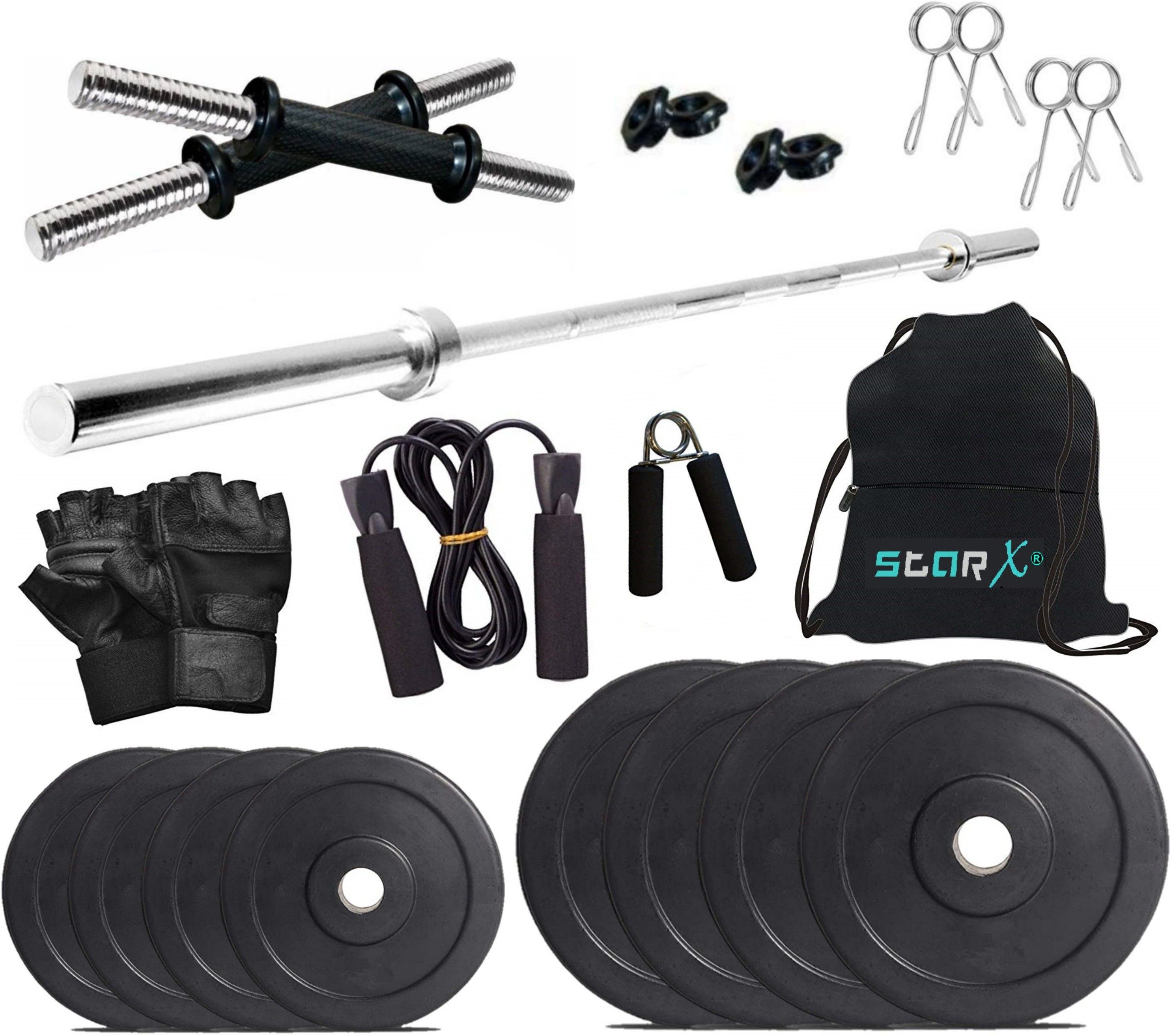 starx 20 kg Rubber weight Plates with 5ft Straight Rod and Accessories Home Gym Combo-picture-35