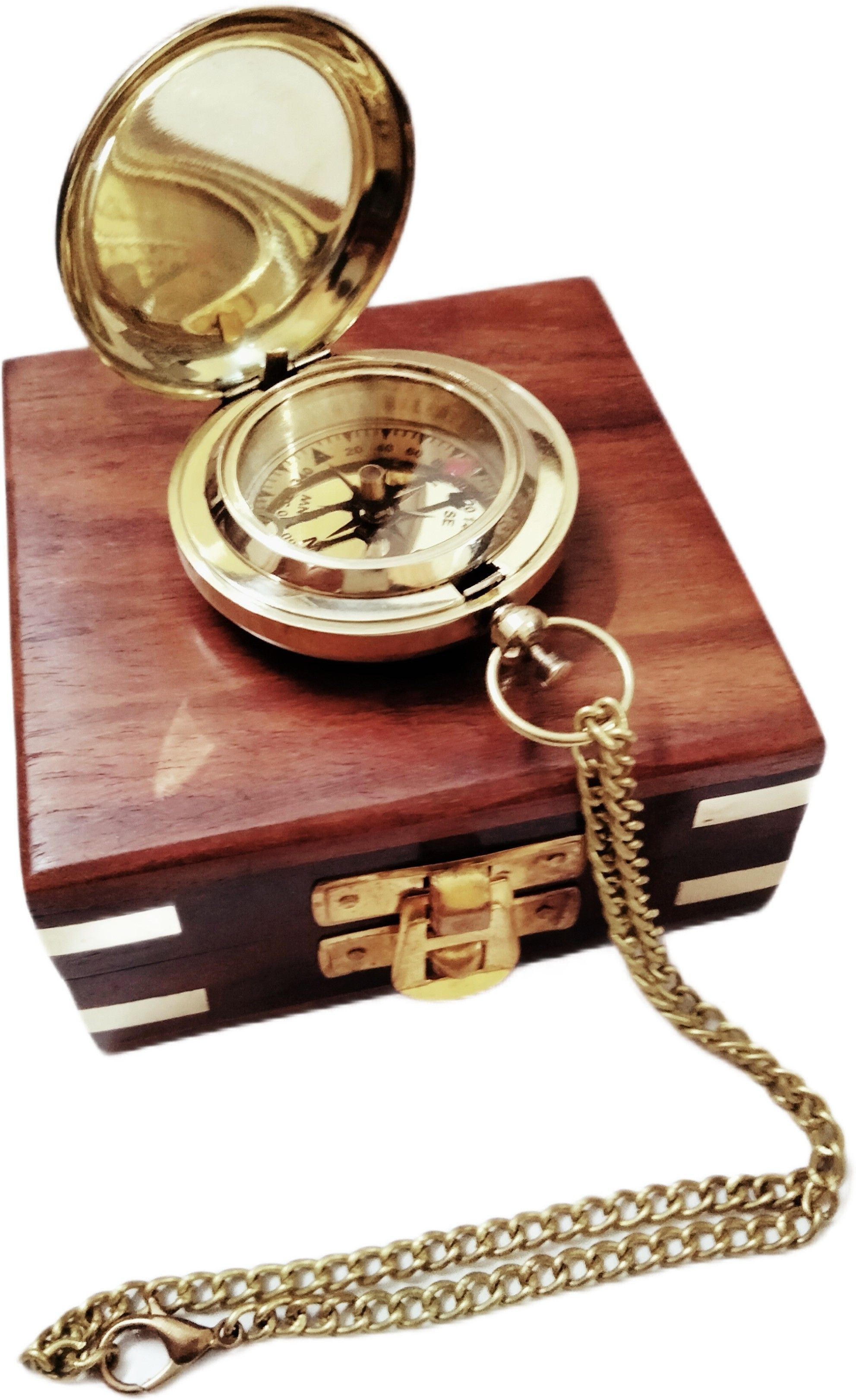 ascent india Brass Push Button Compass Chain With Wooden Box Collectible Gift Compass-picture-10