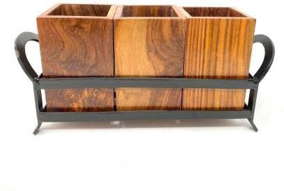 Cutlery Kitchen Rack Wooden Cutlery Holder for Dining Table with 3 Wooden jar and one Wrought Iron Stand (Black and Brown) Wood, Iron-image-2