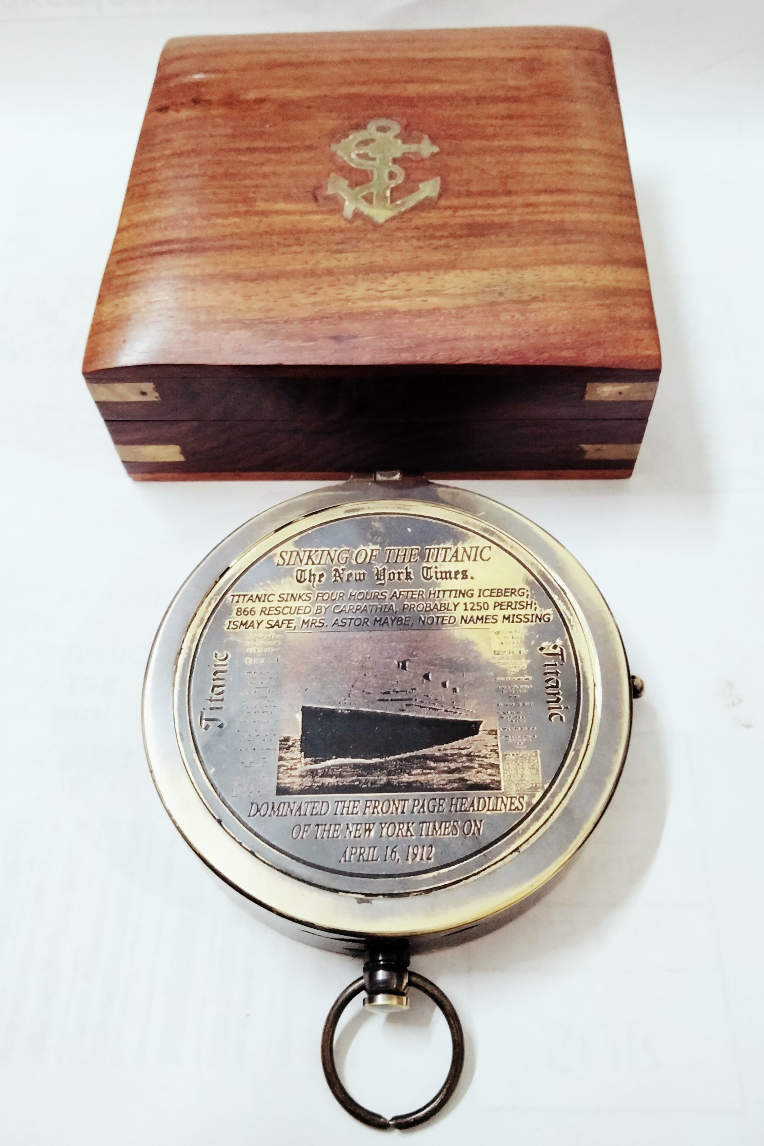 ascent india Antique Style Brass Titanic Lid Compass 3" With Wooden Box Collectible Gift Compass-picture-44