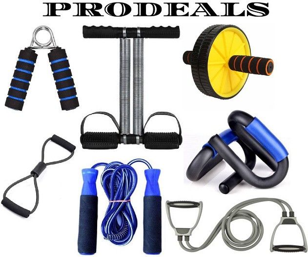 HOME WORKOUT GYM SET OF DOUBLE SPRING TUMMY TRIMMER WITH AB WHEEL WITH PUSH UP BAR WITH TONING TUBE WITH SKIPPING ROPE WITH FIGURE 8 AND FOAM HAND GRIP Fitness Accessory Kit Kit-image-25