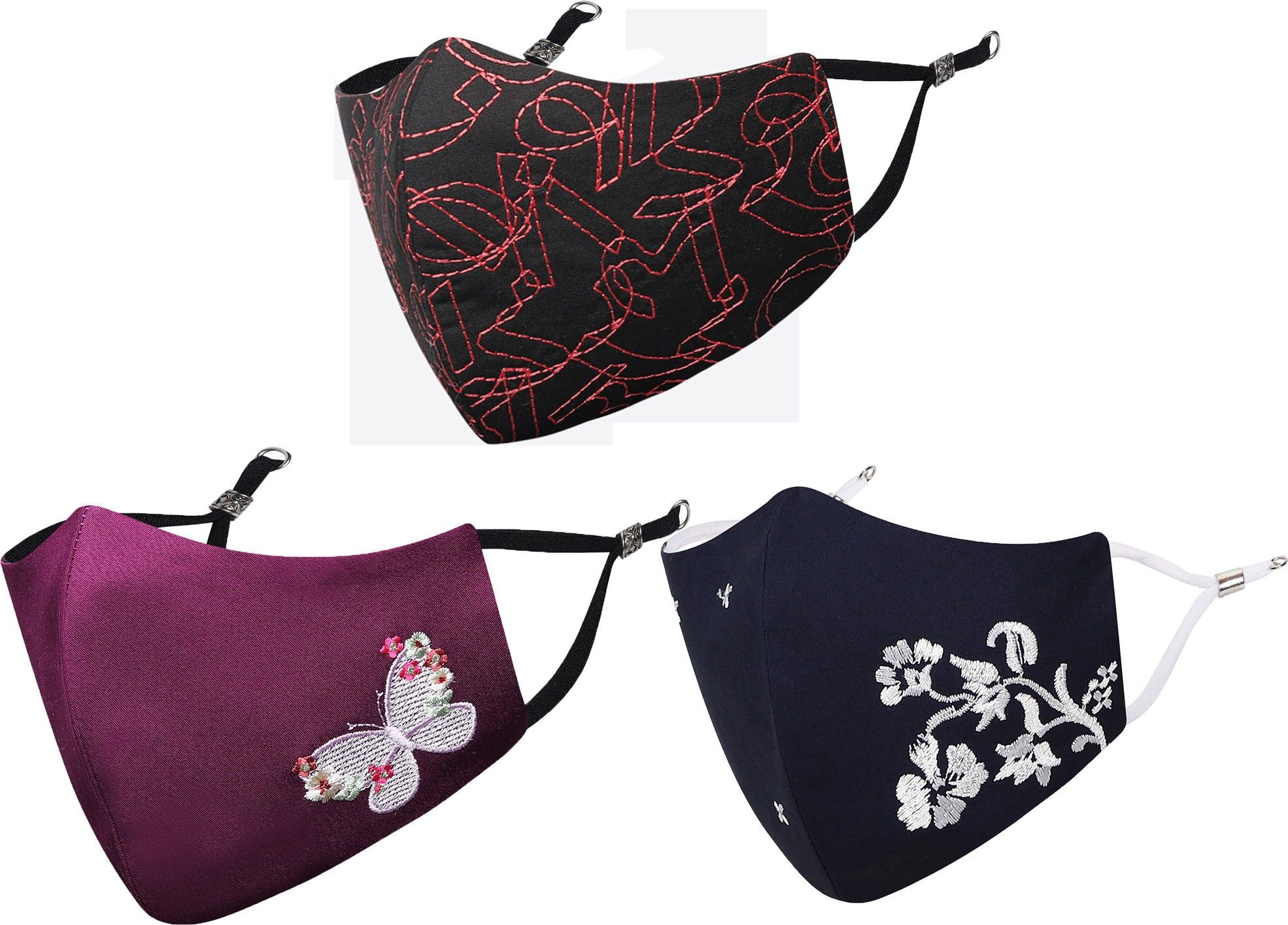 Anti-Pollution, Anti-Bacterial (BFE>99%) 4 Layer Embroidered, Designer, Fashionable & Protective Cotton Cloth Face Mask for Women, Girls with Size Adjustable Ear Loops Butterfly_Combo_Large_03 Reusable, Washable Cloth Mask-image-22