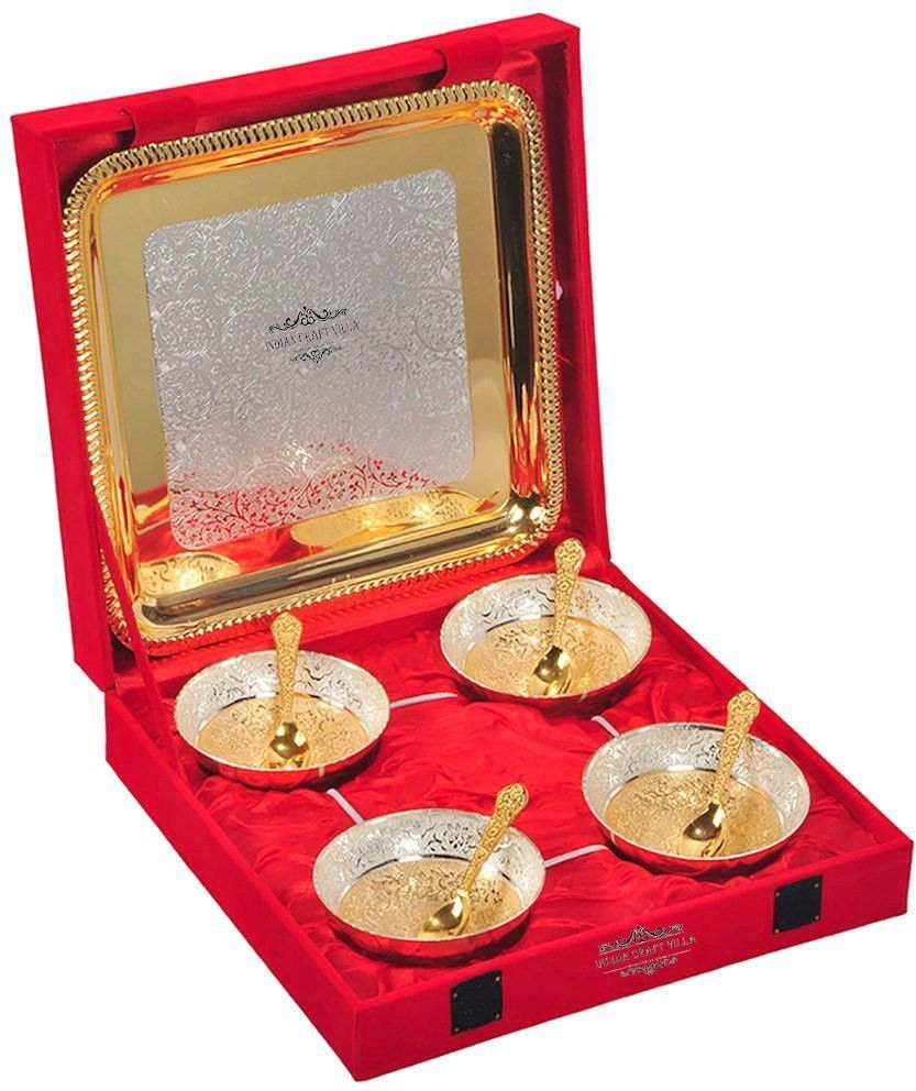 German Silver Brass Round Bowl Sets with Tray and Spoon with Royal Royal Luxury Velvet Box Packing Used for Dry Fruit, Sweets and Home Décor Bowl, Spoon, Tray Serving Set-image-17