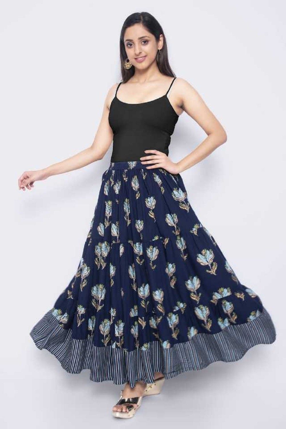 Women Printed Gathered Dark Blue Skirt-image-31