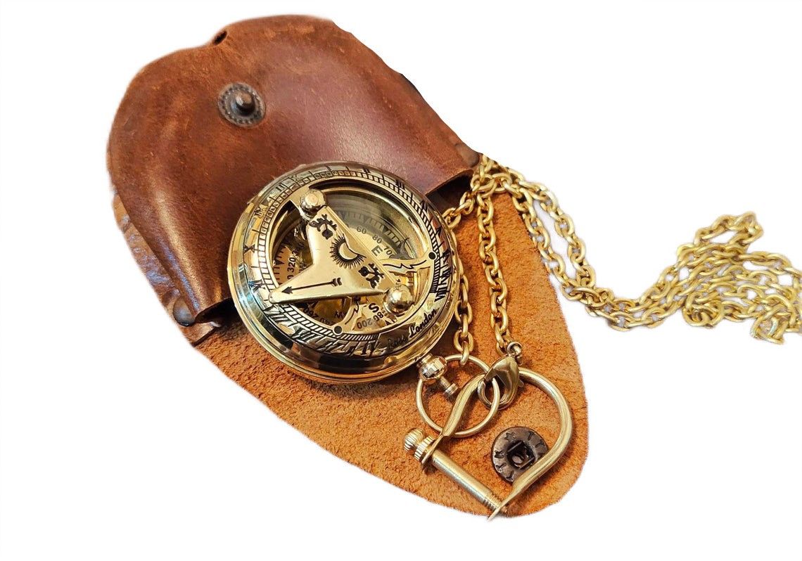 ascent india Brass Push Button Sundial Compass Chain Leather Pocket Case Nautical Gift Compass-picture-45