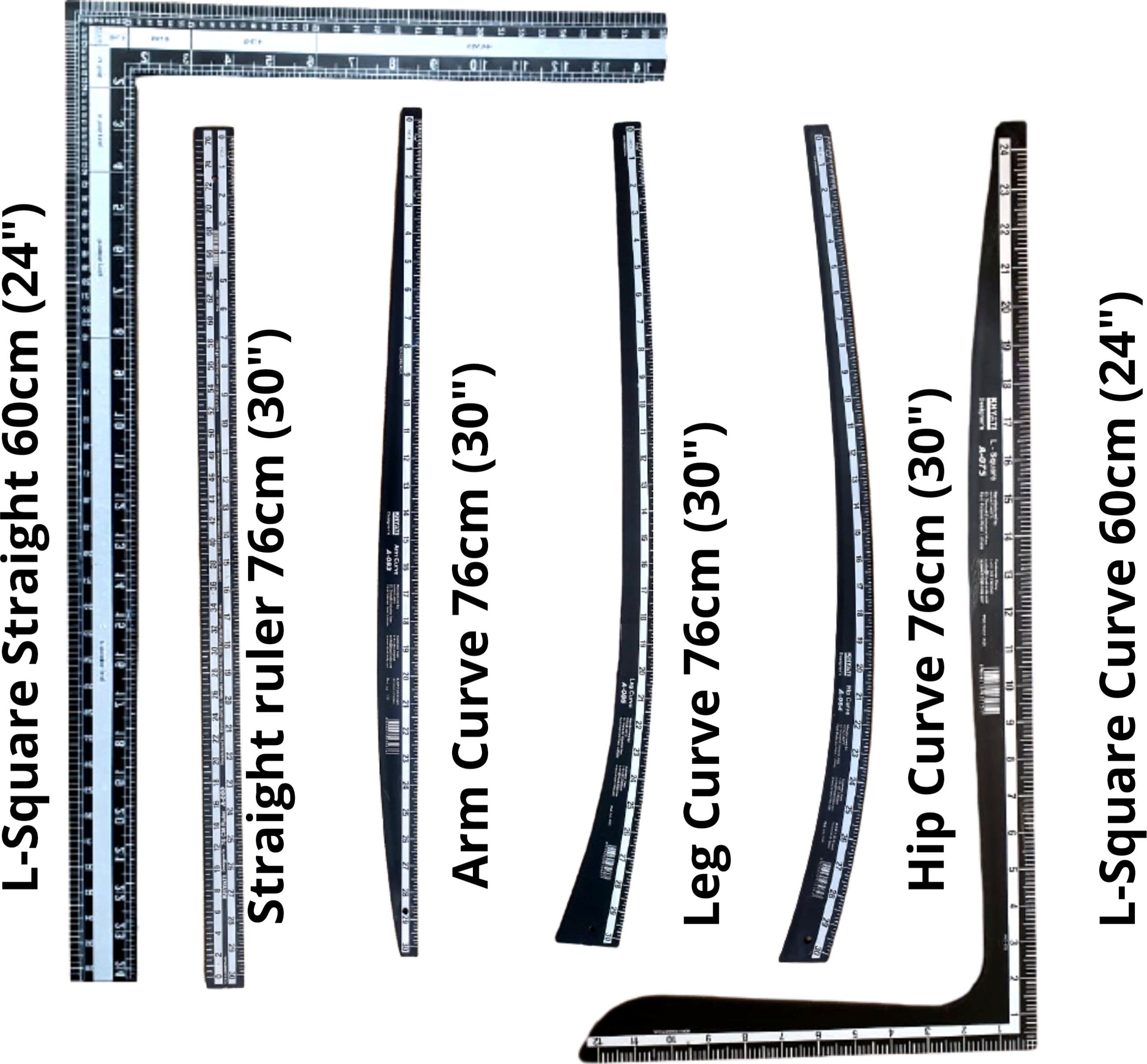Fashion Designing Scale- Hard Plastic Scale- Set of 6, L-Square Straight(60cm), L-Square Curve(60cm), Arm Curve(76cm), Hip Curve(76cm), Straight Ruler(76cm), Leg Curve(76cm), Sewing Material. Ruler