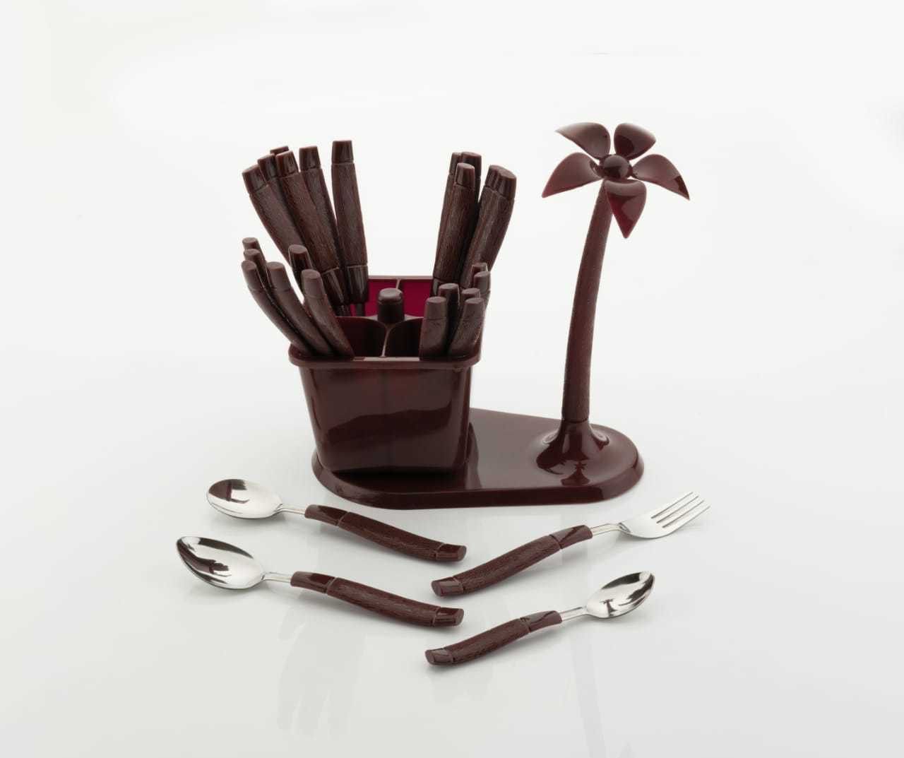 24 Pieces Cutlery Serving Sets (Brown) Plastic Cutlery Set-image-1