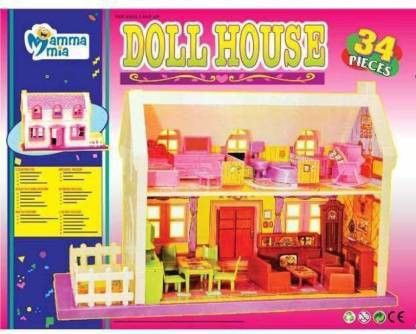 Plastic Deluxe Doll House Toy Set [ 34 Pieces ] Multi Color-image-4