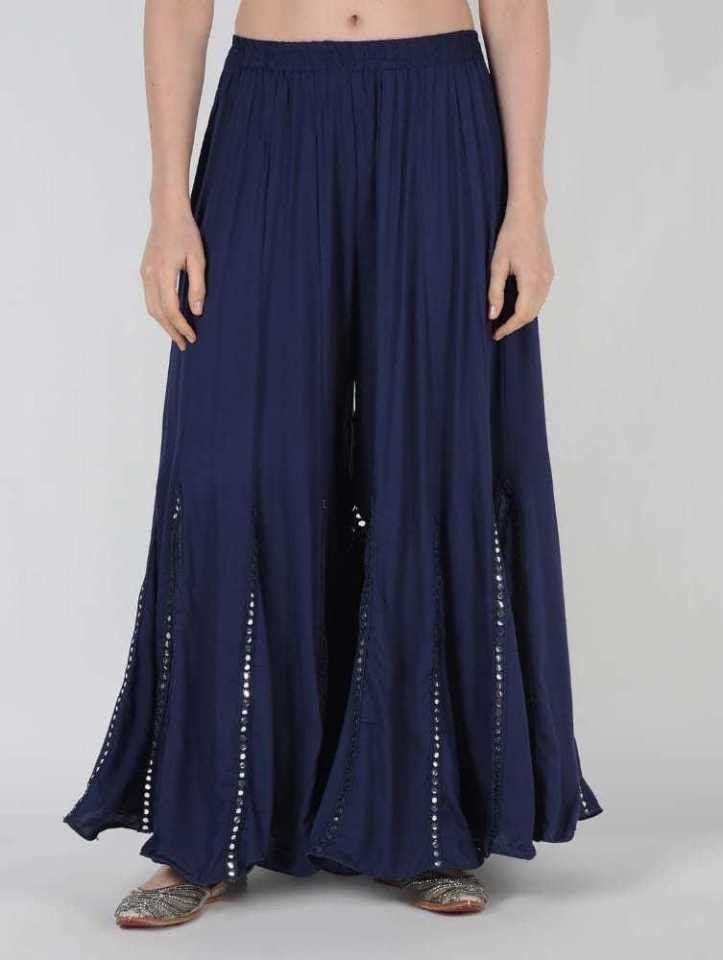 Women Flared Dark Blue Viscose Rayon Trousers-image-48