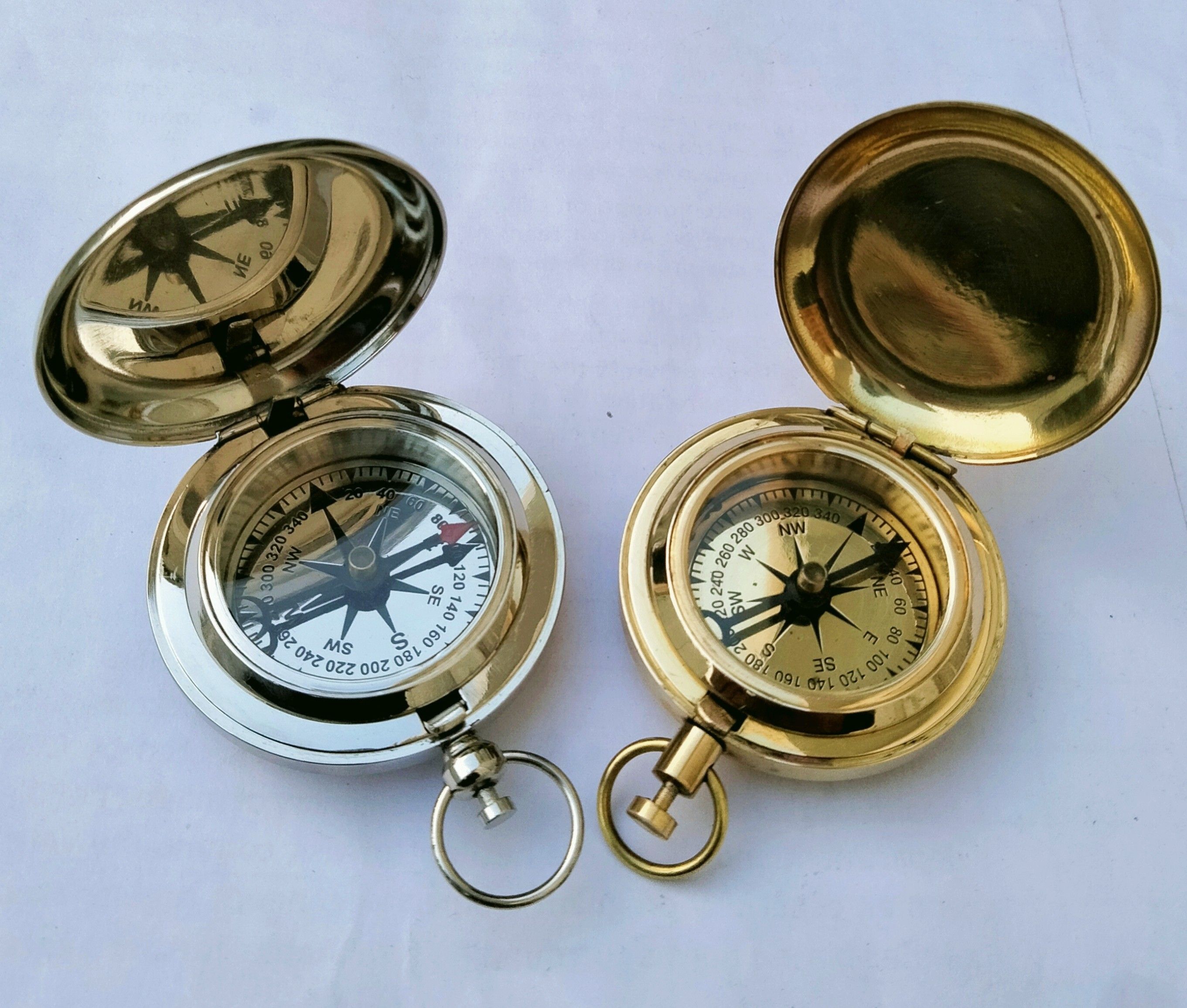 Set of 2 Brass Push Button Pocket Lid Compass Nickel Polished Gift Compass-image-14