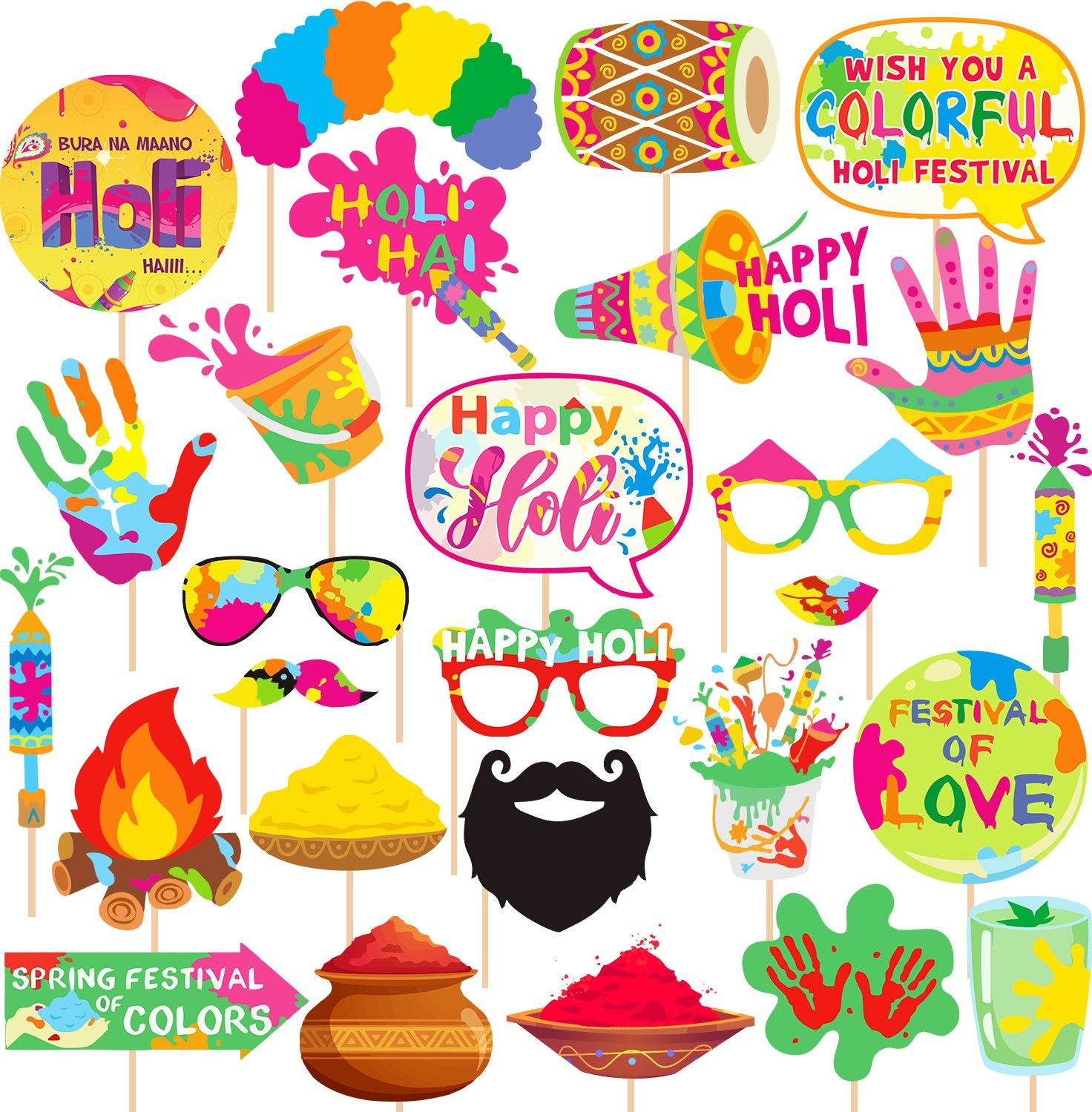 partydecoration 27 Pcs Holi Photo Booth Props Bollywood Holi Theme Photo Booth Props Decorations Paper Craft Item for Holi Party Supply Material/ Holi Selfie/Festival Props Accessories Photo Booth Board-picture-25