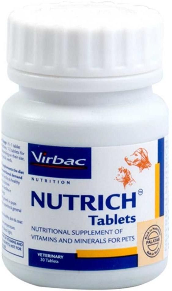 virbac NUTRICH 30 Tablets , Nutritional supplement of vitamins and minerals for maintain fertility and maintain fertility in breeding dogs , healthy growth in pups , appetite and general health , maintain healthy skin and coat , vitamin , nutrition , calcium , energy Pet Health Supplements Pet Health Supplements-picture-41