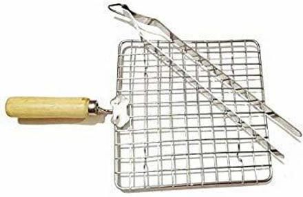 Outdoor Cooking Pulka Jali Papad bbq Shelf Roti Roast Stainless Steel Square Shape Tandoors & Grills Cooking Barbecue Pizza Meat Vegetables Chicken Burning With Long Wooden Handle & Chimta 1 kg Roaster-image-20