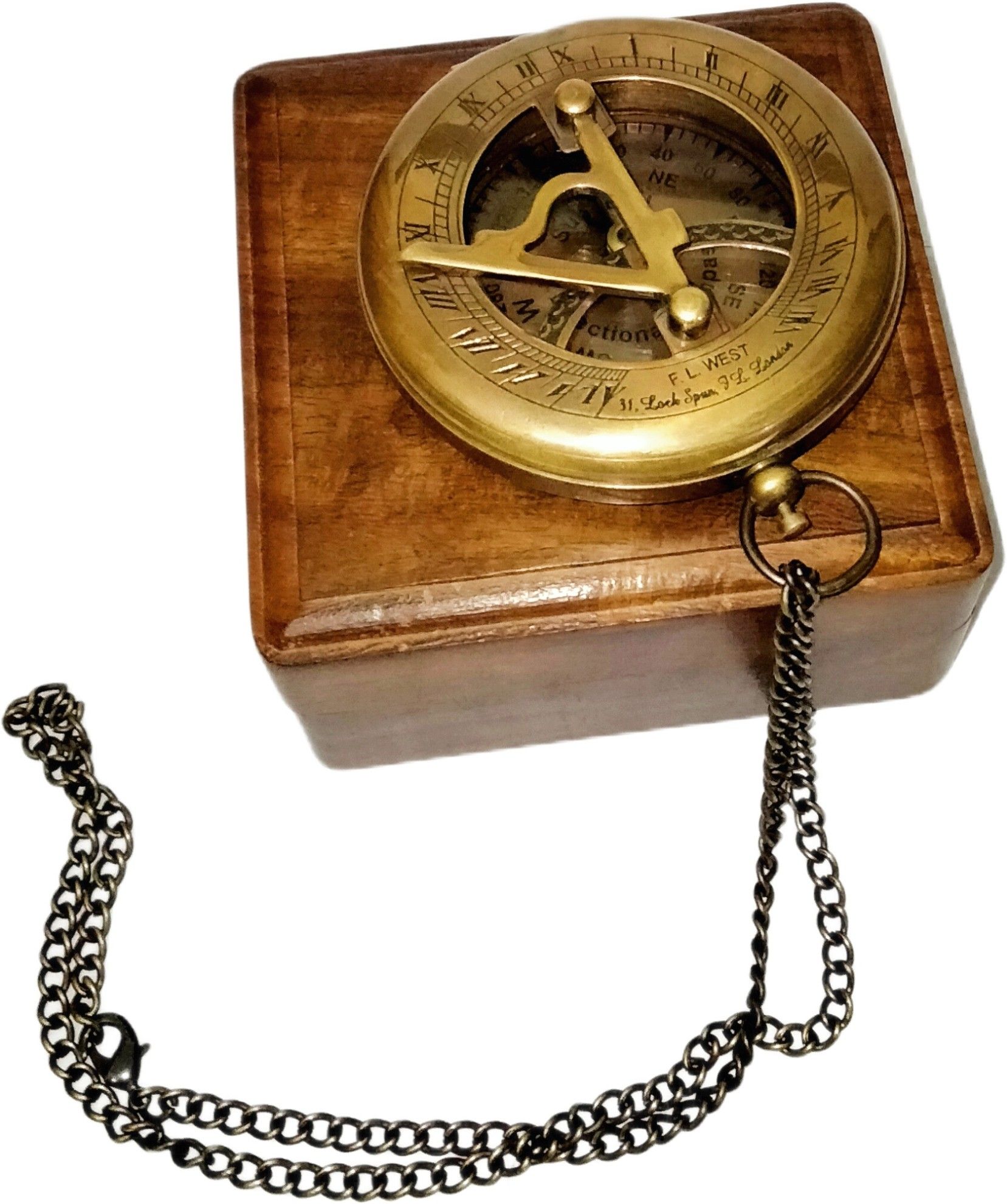 Antique Brass Sundial Compass Push button Lid Chain With Wood Box Compass-image-0