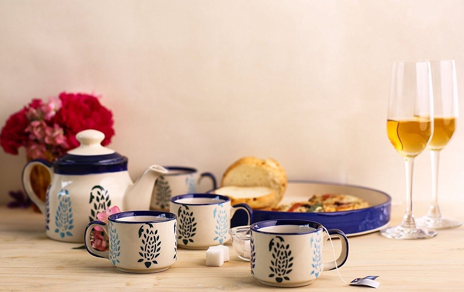 Tea Tray set Ceramic in Blue Boota Kettle,cups and Tray (Set of 6 piece) Handmade Tea Urn-image-2