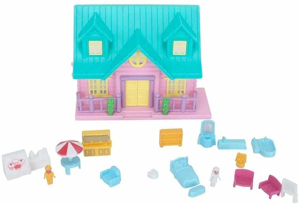 Loving Family Doll House Set with accessories | Doll House Set Small with bed ,Sofa ,Chair, Recliner, Tub etc for Kids ( pink and blue )-image-14