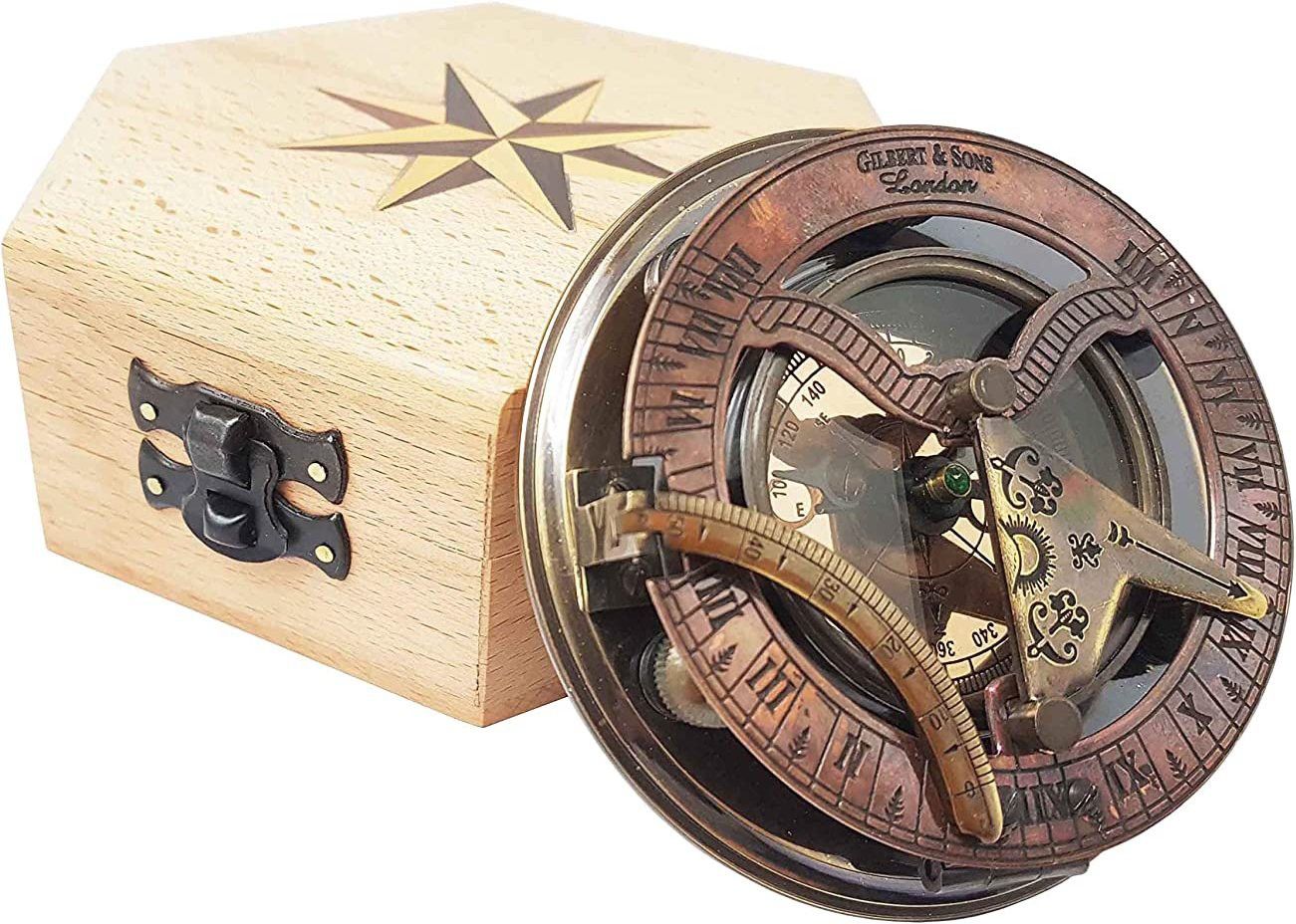 ascent india Antique Brass sundial compass with rose wood box gift Compass-picture-39