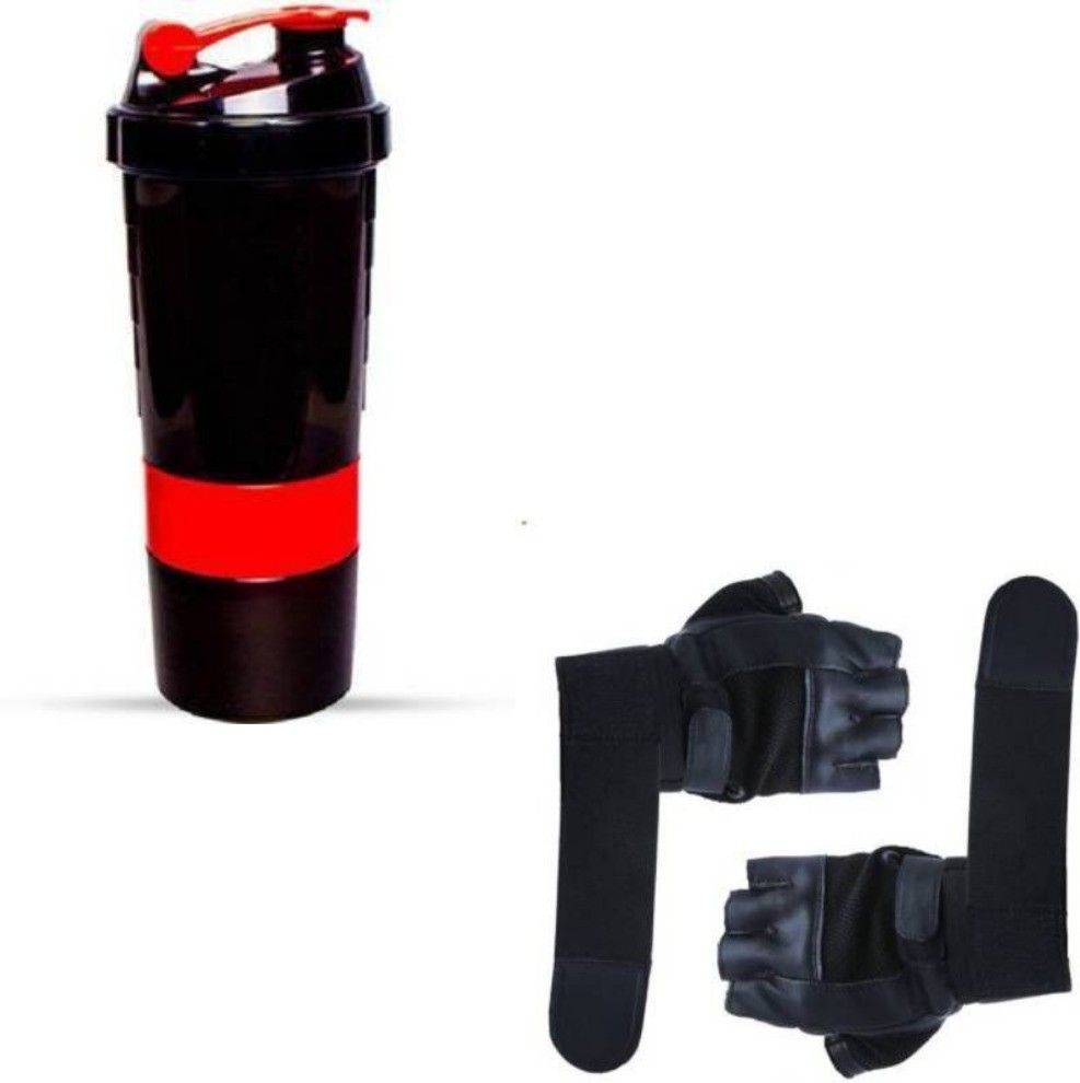 COMBO Protein Shaker | Sipper Bottle Red 600 ml Shaker WITH Fitness Gloves (Black) Gym & Fitness Gloves Fitness Accessory Kit Kit-image-2
