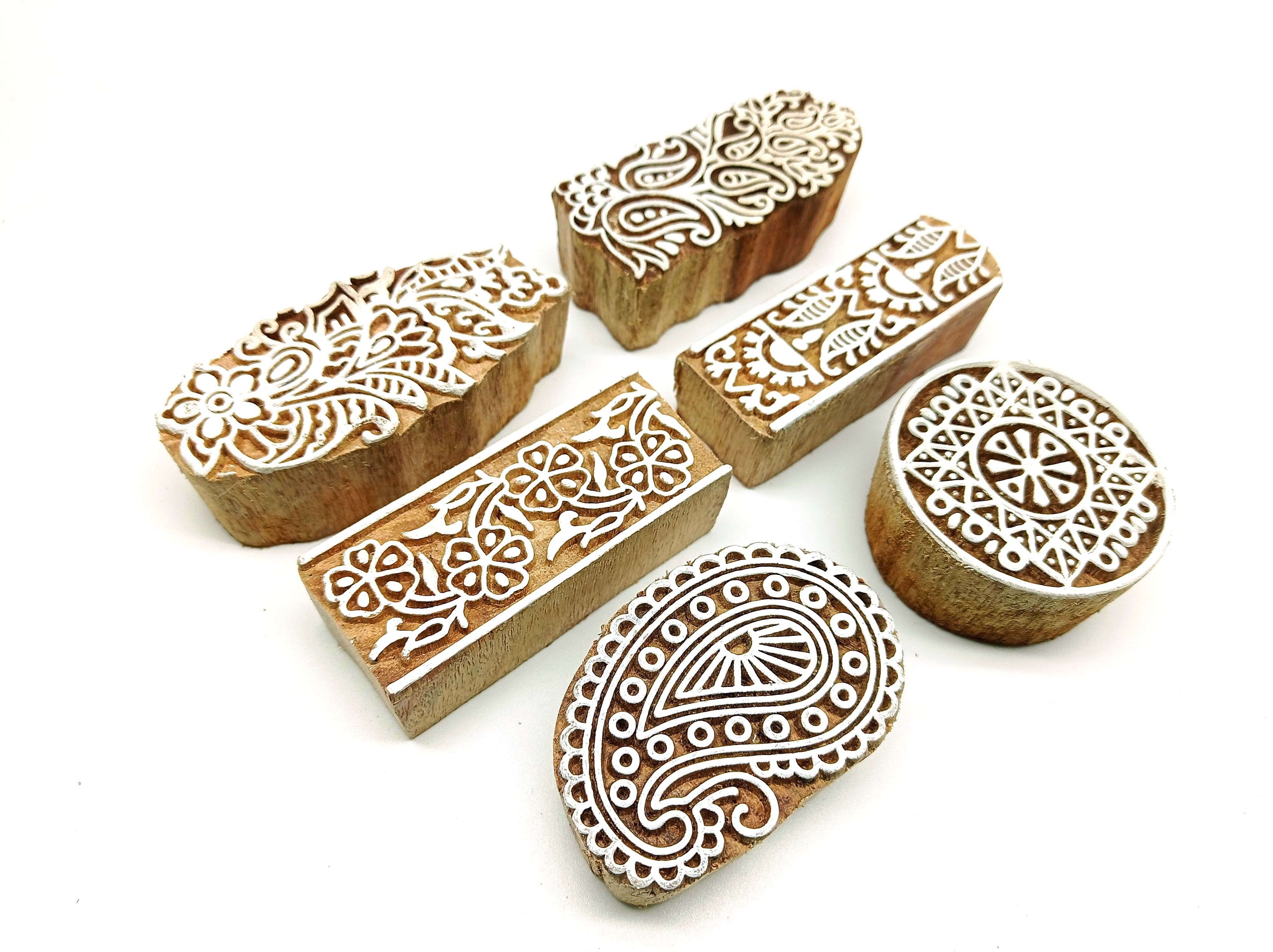 Wooden Printing Stamps – 6 Hand Carved Attractive Shapes for Fabric Printing, Clay Pottery, Crafts, Body Tattoo, Scrapbook Print and More- Pack of 4 Flower & 2 Border Designs Wooden Stamps-image-32
