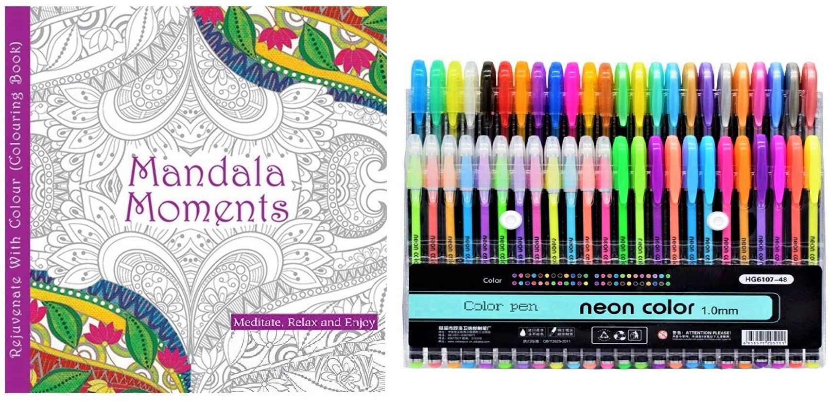 definite Art Highlighter, Metal, Glitter and Pastel Neon Gel Pen 1.00mm Nib Multicolor (Pack of 48) with Mandala Art Book (48 different design Pages)-picture-32