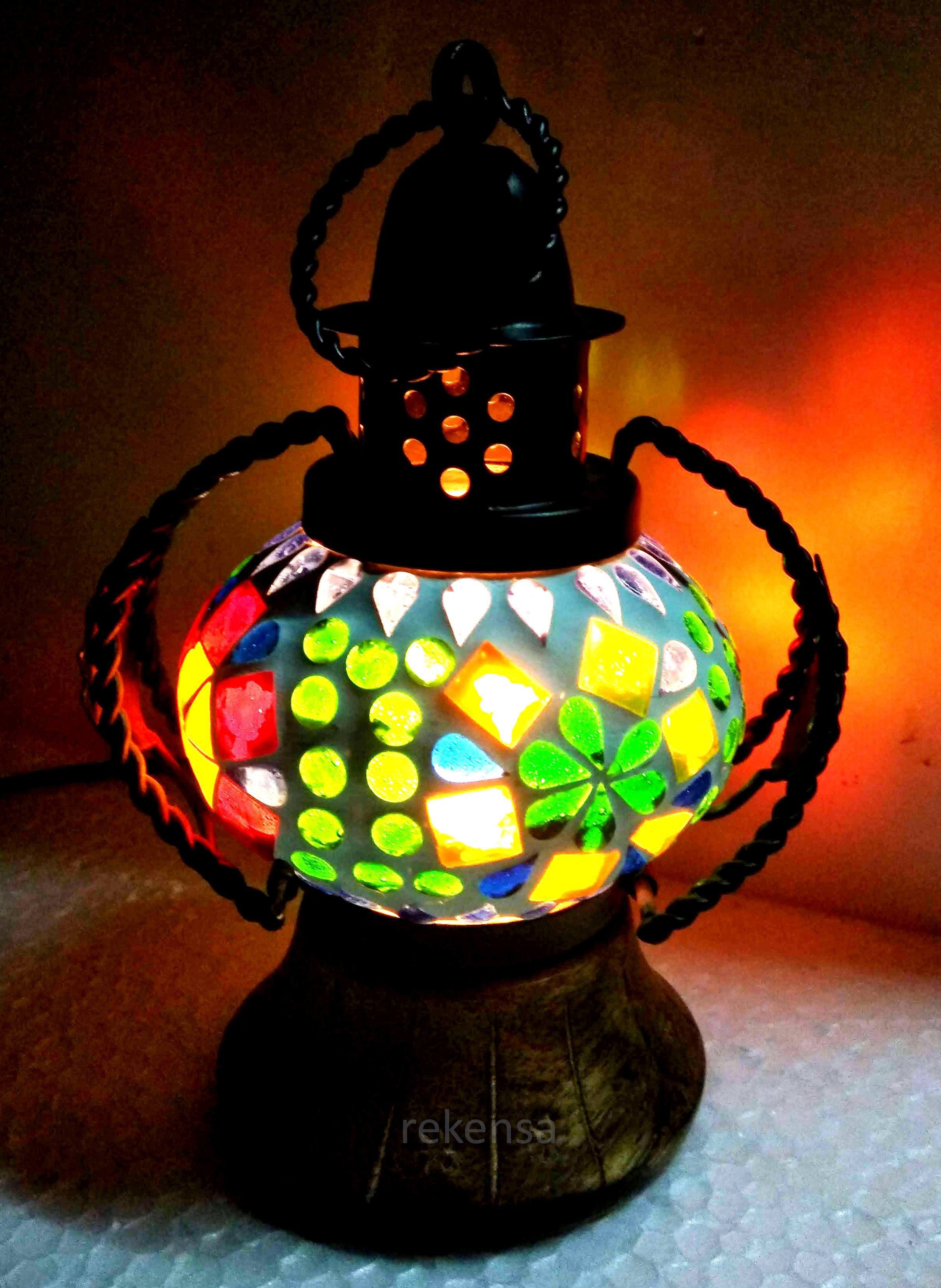 Multicolor Glass, Iron, Wooden Hanging Lantern