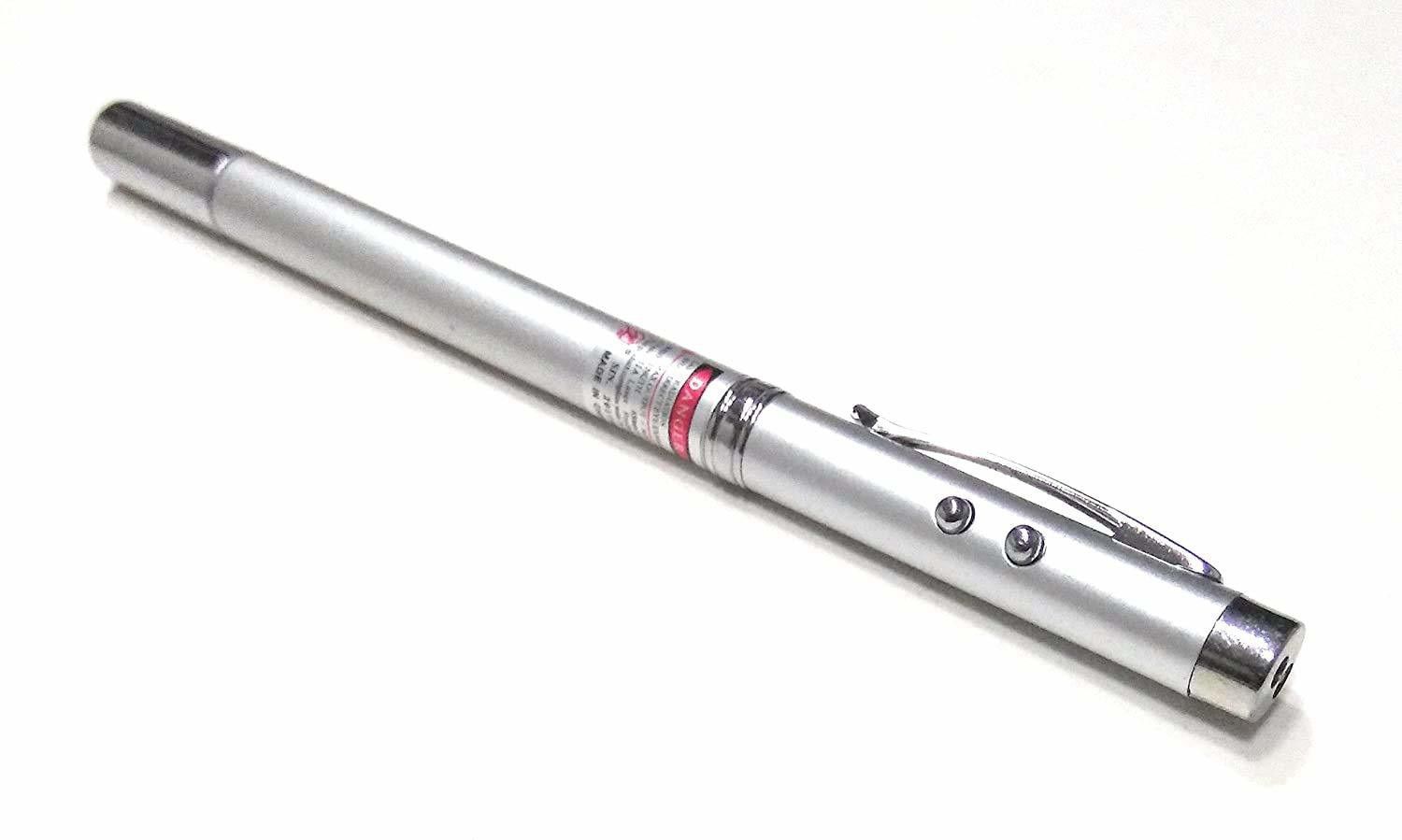 Crazycute Plastic Multifunction 5 in 1 LED Flashlight Torch Red Laser Pointer Ballpoint Pen with Case (Silver)-image-6