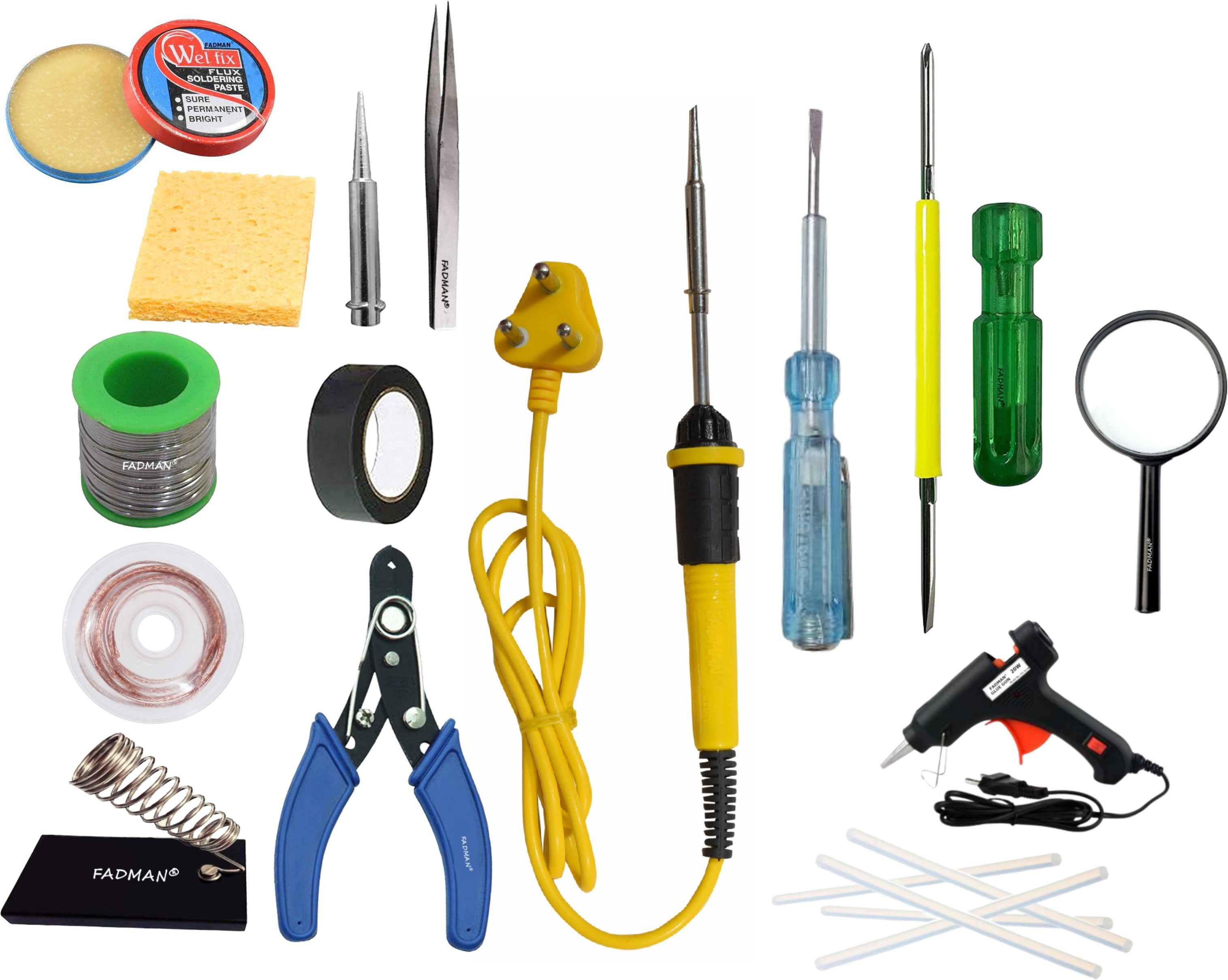 Soldering Iron Kit | Soldering paste flux| Sponge | Solder wire | Desoldering wick | Stand | Bit | Tape | Wire cutter |Tweezer| 2 in 1 Screw driver | Tester | Black 20W Glue Gun |Magnifying glass| 5 Glue sticks 7mm | Yellow + Black Soldering iron 25 W Simple-image-49