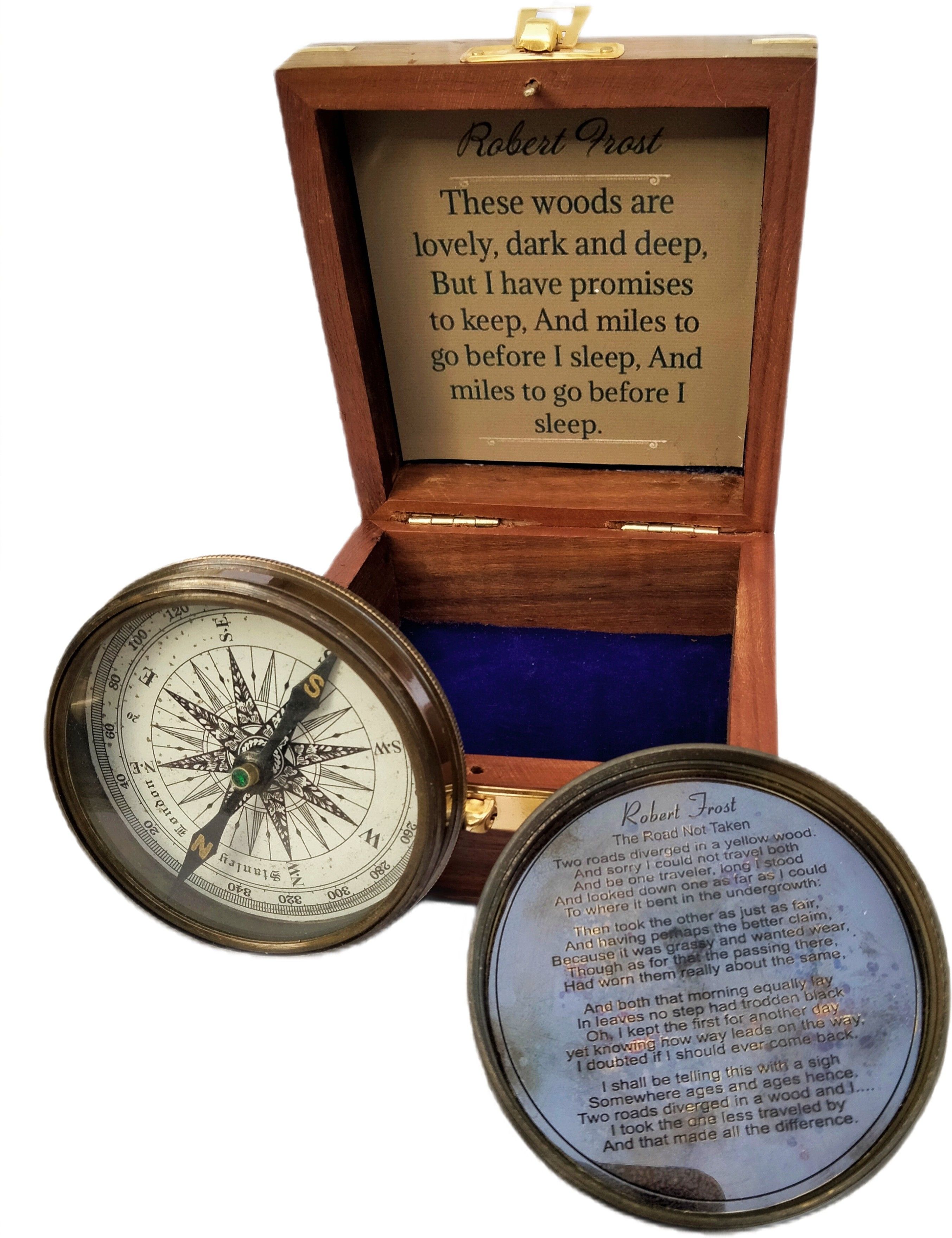 ascent india Antique finish brass poem compass marine pocket compass with wood box robert frost Compass-picture-31