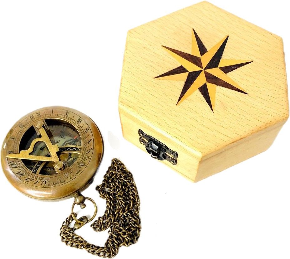 ascent india Antique Brass pocket push button sundial compass with rose wood hexagon box Compass-picture-22