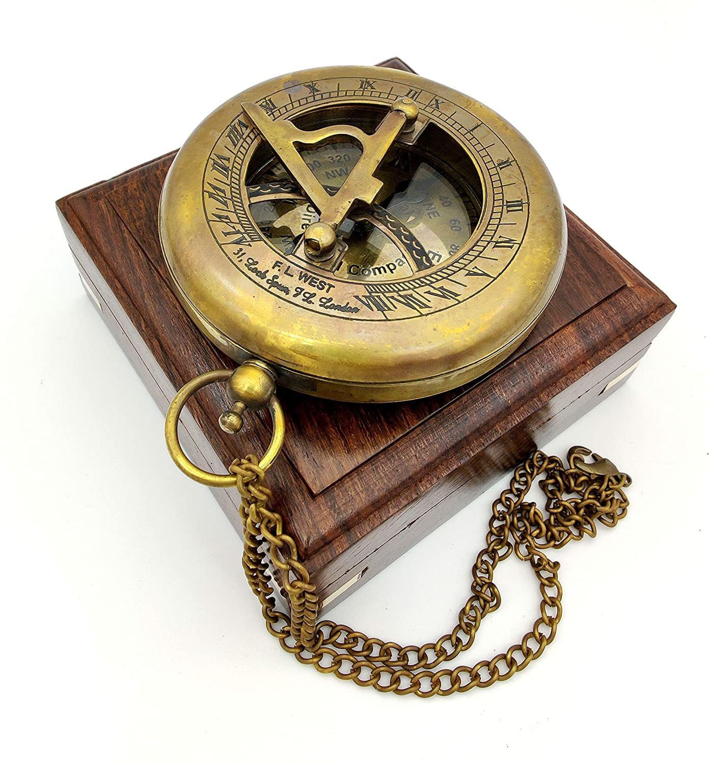 ascent india Antique Brass sundial compass lid with chain and wood box gift Compass-picture-33