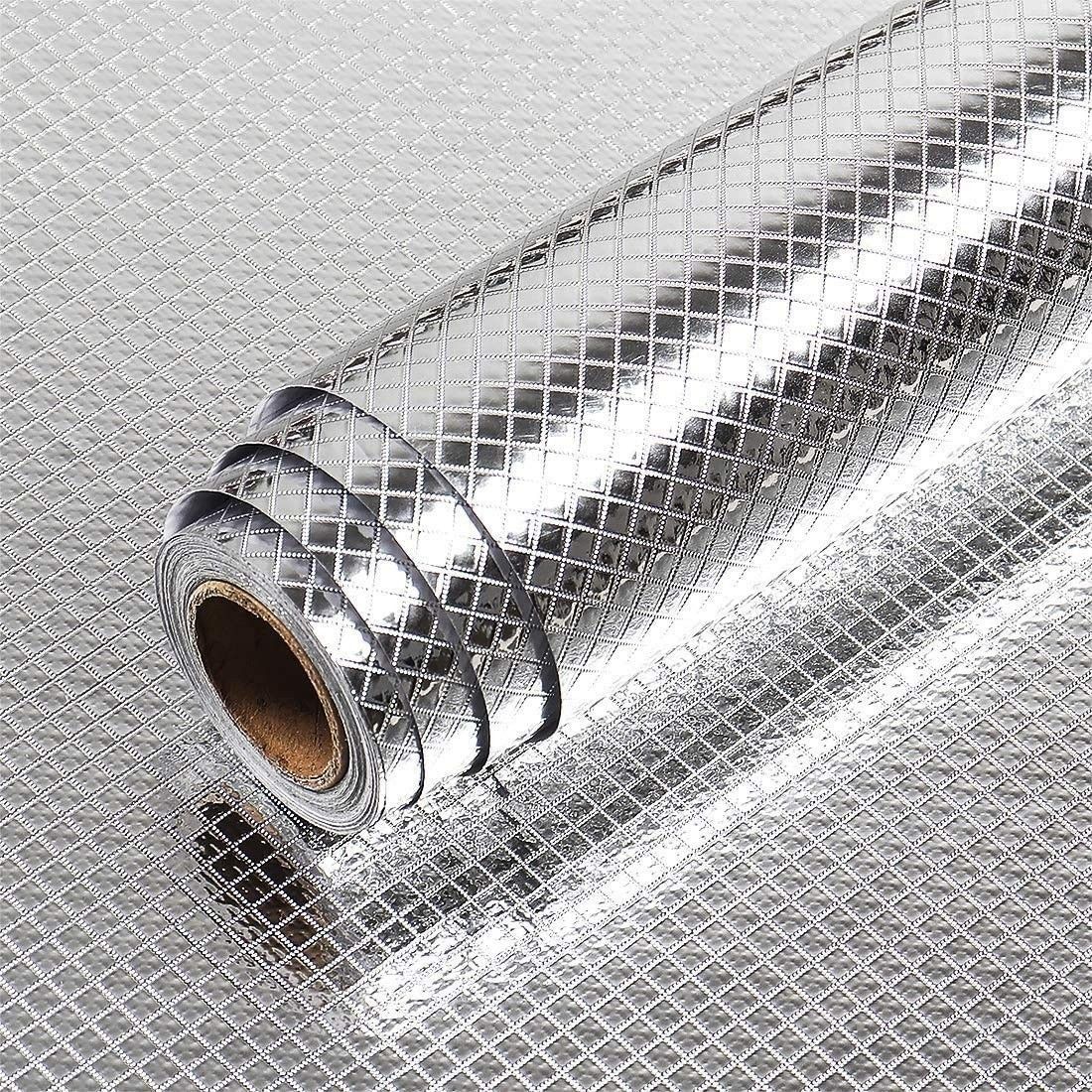 fainlist 200 cm Kitchen Oil Proof Waterproof Sticker Aluminum Foil Kitchen Stove Cabinet Stickers Self Adhesive Wallpapers DIY Wall Stickers (Silver Checks (2 MTR ) Self Adhesive Sticker-picture-1
