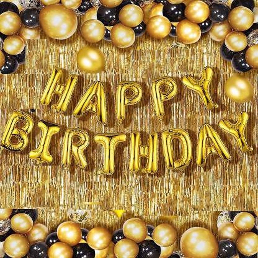 Solid Happy Birthday Golden Foil Letter Balloons(13 foil latter 1 pack)With 30 Piece Black Gold Balloons And 2 Piece Golden Fringe Curtains Balloon-image-46