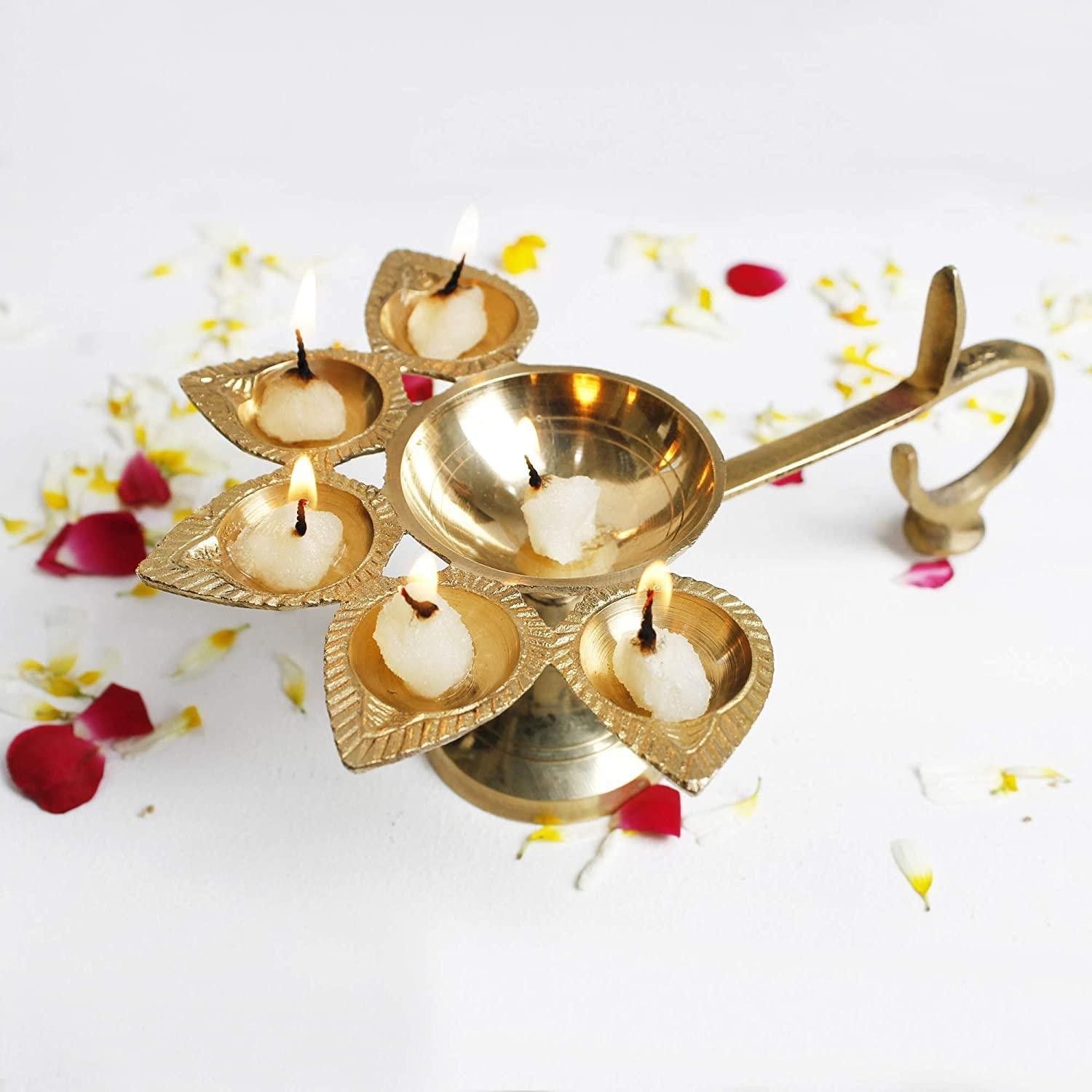 Pure Brass Punch Mukhi Aarti table diya set of 1 Brass Table Diya-image-21