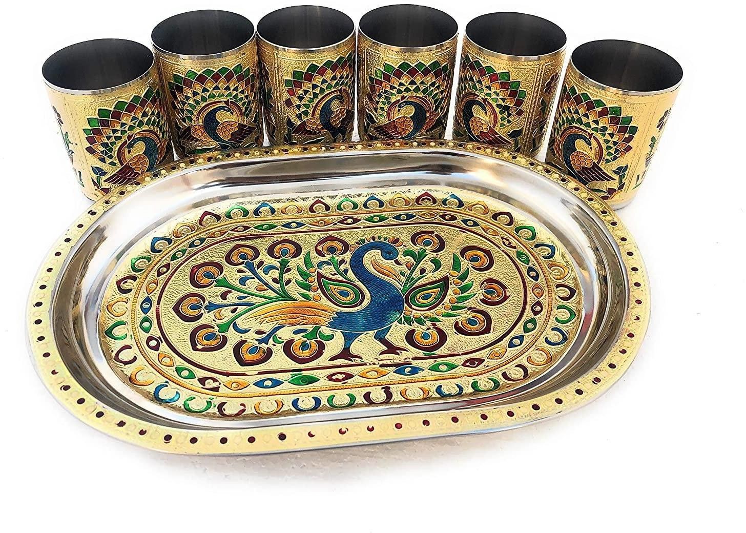 6- Glass Tray Set Glass Tray Set (6 Glass & 1 Tray) (Steel,Aluminium) Tray, Glass Serving Set-image-7