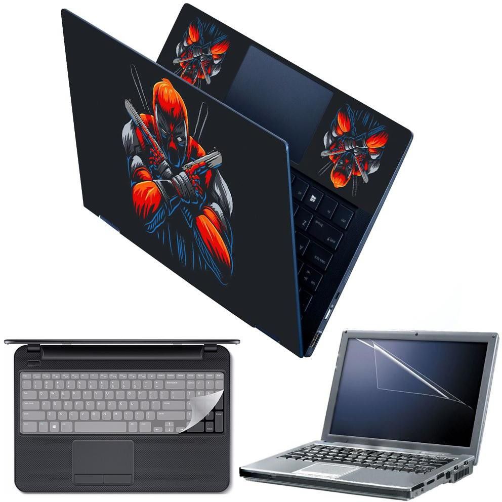 FineArts 4 in 1 Combo Pack with Laptop Skin Sticker Decal, Palmrest Skin, Screen Protector, Key Guard for 15.6 Inch Laptop - Deadpool with Guns Combo Set-image-36