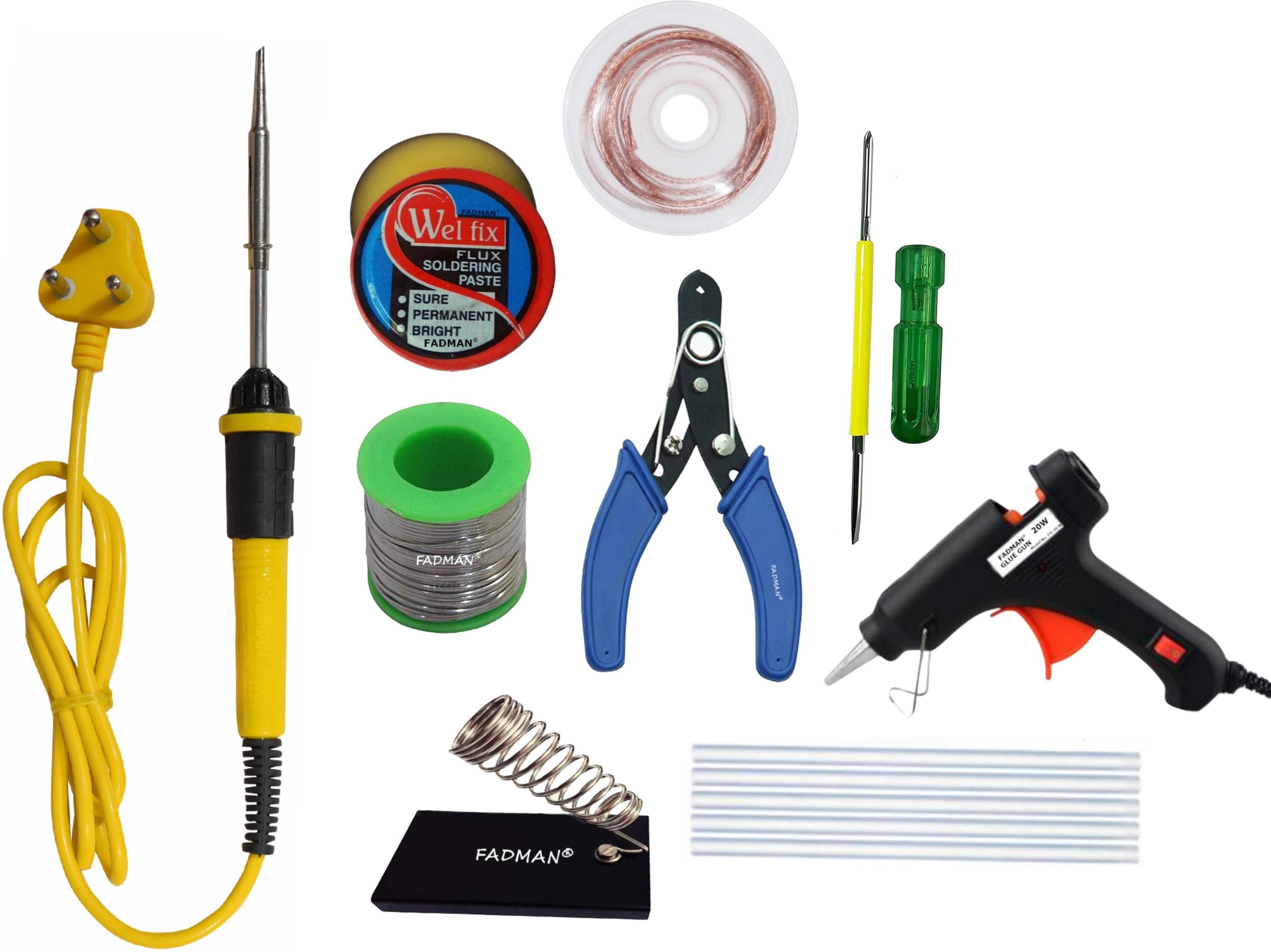 Electric 25W Soldering Iron Kit - Set of 9 PT-9|Solder Wire|Cutter|Stand|Paste|2IN1 Screw Driver|Wick|20W Glue Gun|5 Glue Sticks|Yellow+Black 25 W Simple