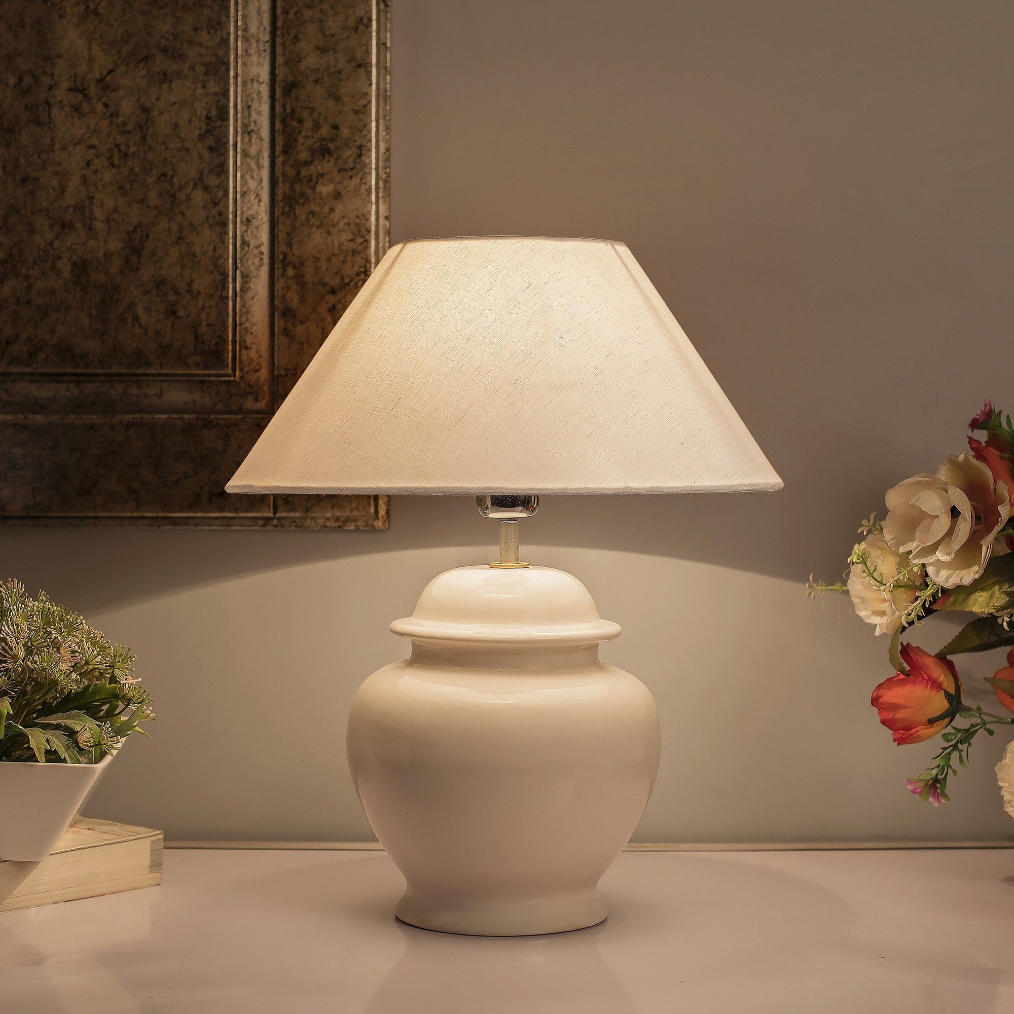 Ceramic Pot Shaped Base White Table Lamp with White Cone Shade, LED Bulb Table Lamp-image-49