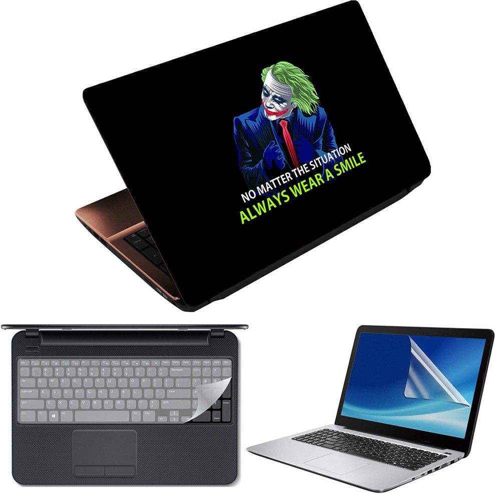 Techfit 3 in 1 Laptop Skin Decal Vinyl Pack 15.6 inch with Screen Guard and Silicone Keyboard Protector - Printed Always Wear A Smile Combo Set-picture-35