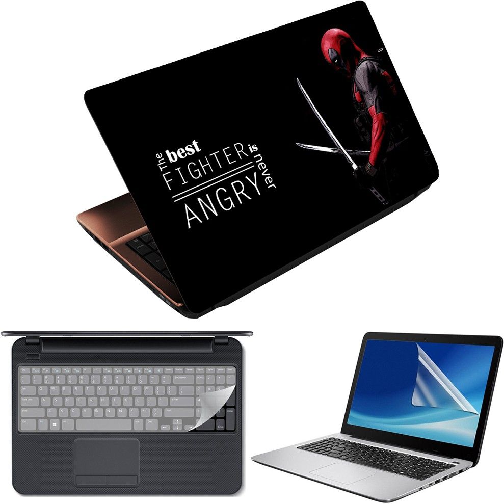 Techfit 3 in 1 Laptop Skin Decal Vinyl Pack 15.6 inch with Screen Guard and Silicone Keyboard Protector - Printed Best Fighter Never Angry Combo Set-picture-37