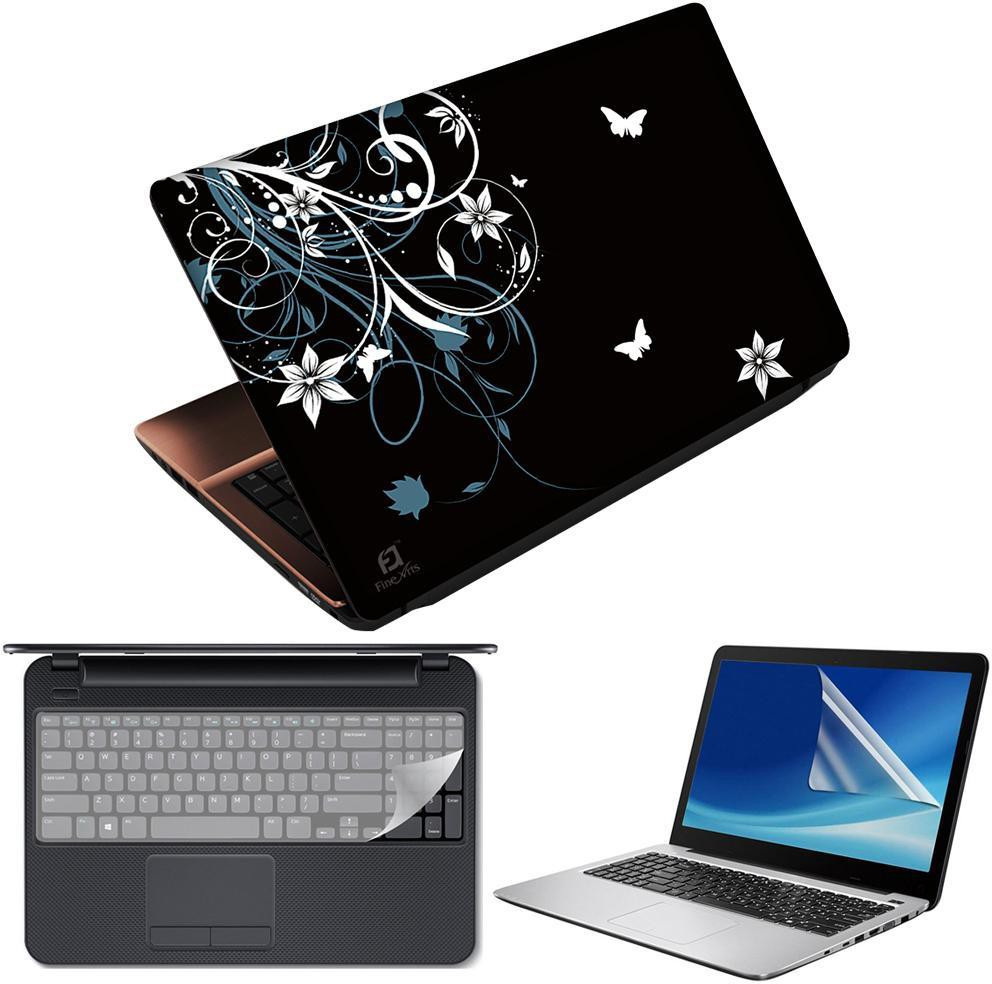 FineArts Abstract Floral Black Back 2 3 in 1 Laptop Skin Pack With Screen Guard & Key Protector Combo Set image 1