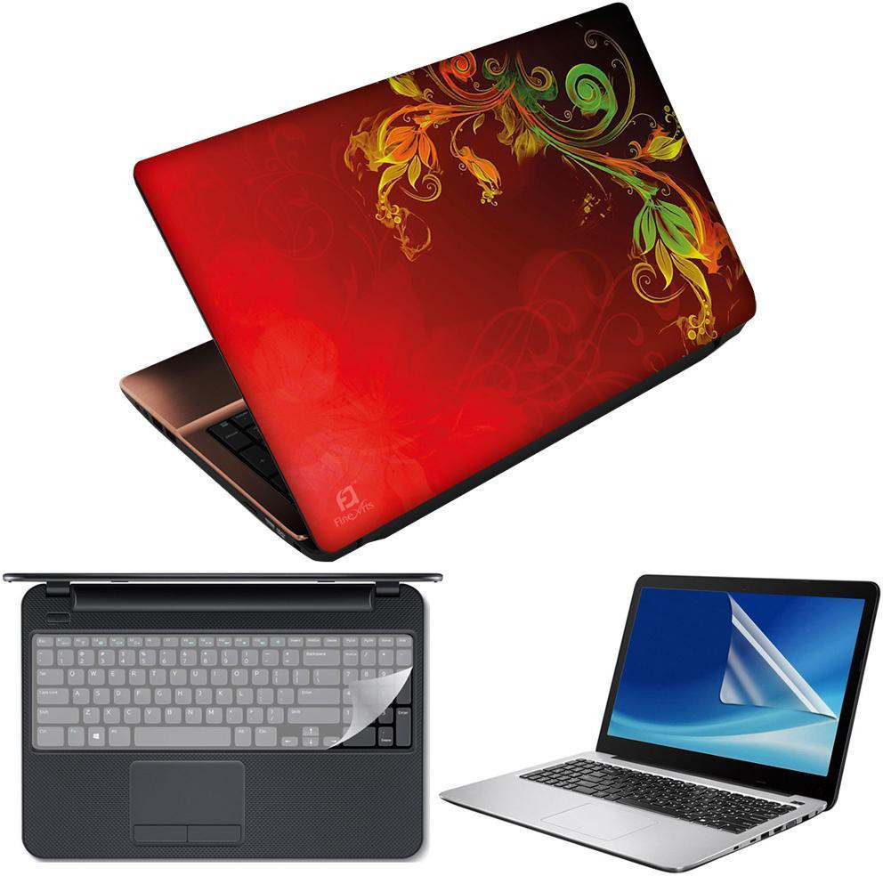FineArts Abstract Leaves Red 3 in 1 Laptop Skin Pack With Screen Guard & Key Protector Combo Set image 1