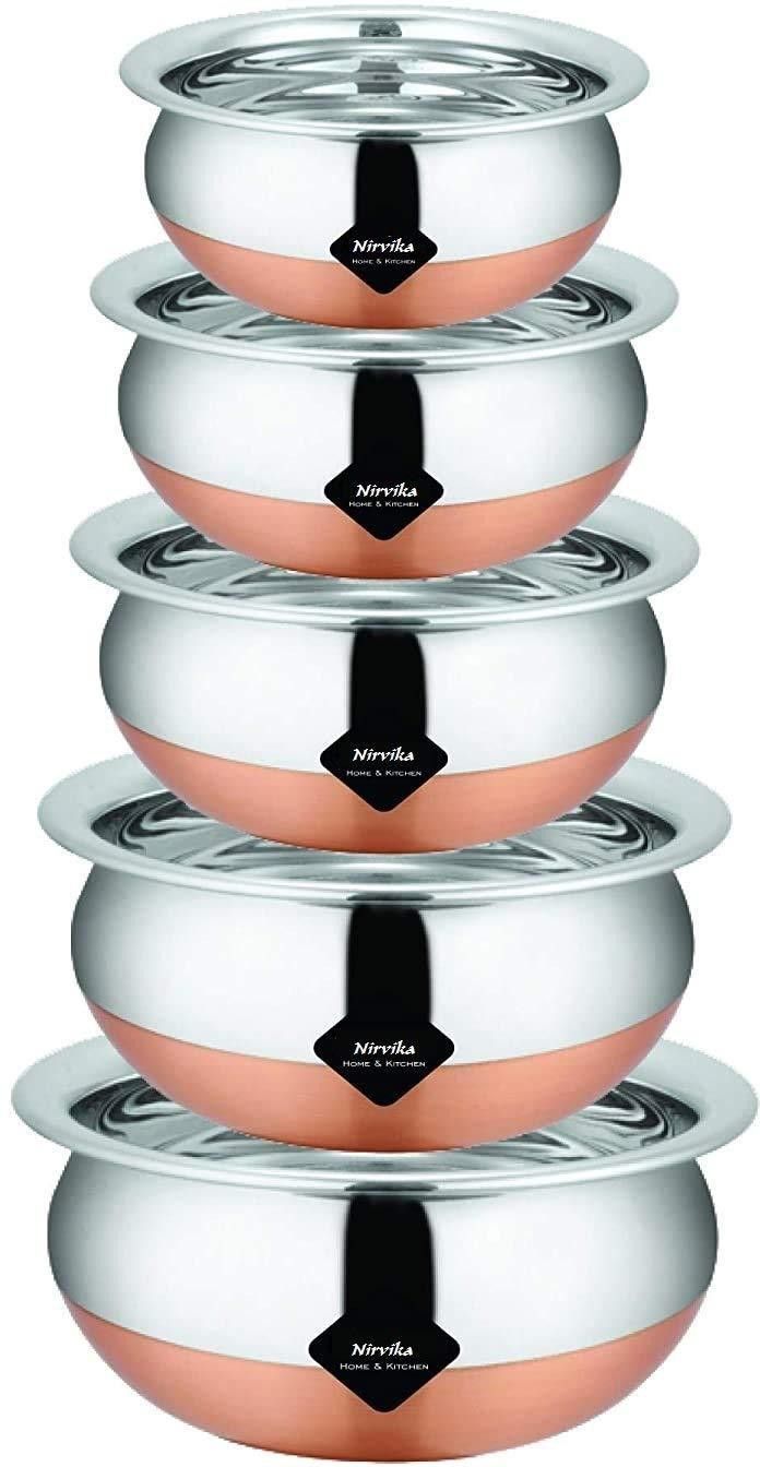 Stainless Steel Serving Bowl Steel handi set copper bottom cookware set biryani milk pot cooking & serving bowl set Kitchen appliances Handi Set 5 piece Capacity 400 ML 650 ML and 850 ML 1200 ML,1600 ml-image-32