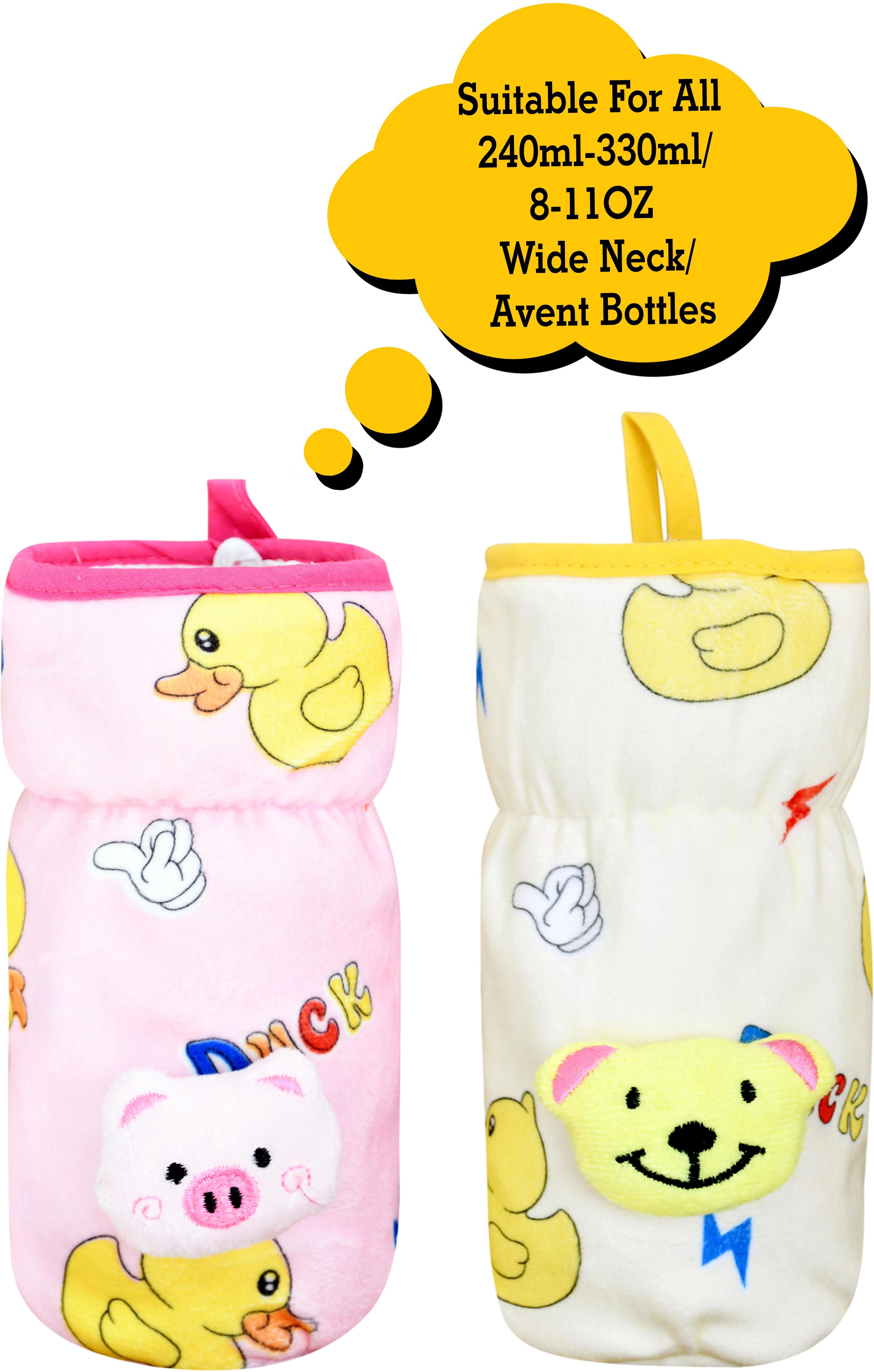 Soft Plush Stretchable Baby Feeding Bottle Cover/Tote Bag/Sleeve with Easy to Hold Strap | Cute Animated Overall Print Pack of 2 (Pink & Yellow, Wide Neck 240-330ml/8-11OZ)-image-34