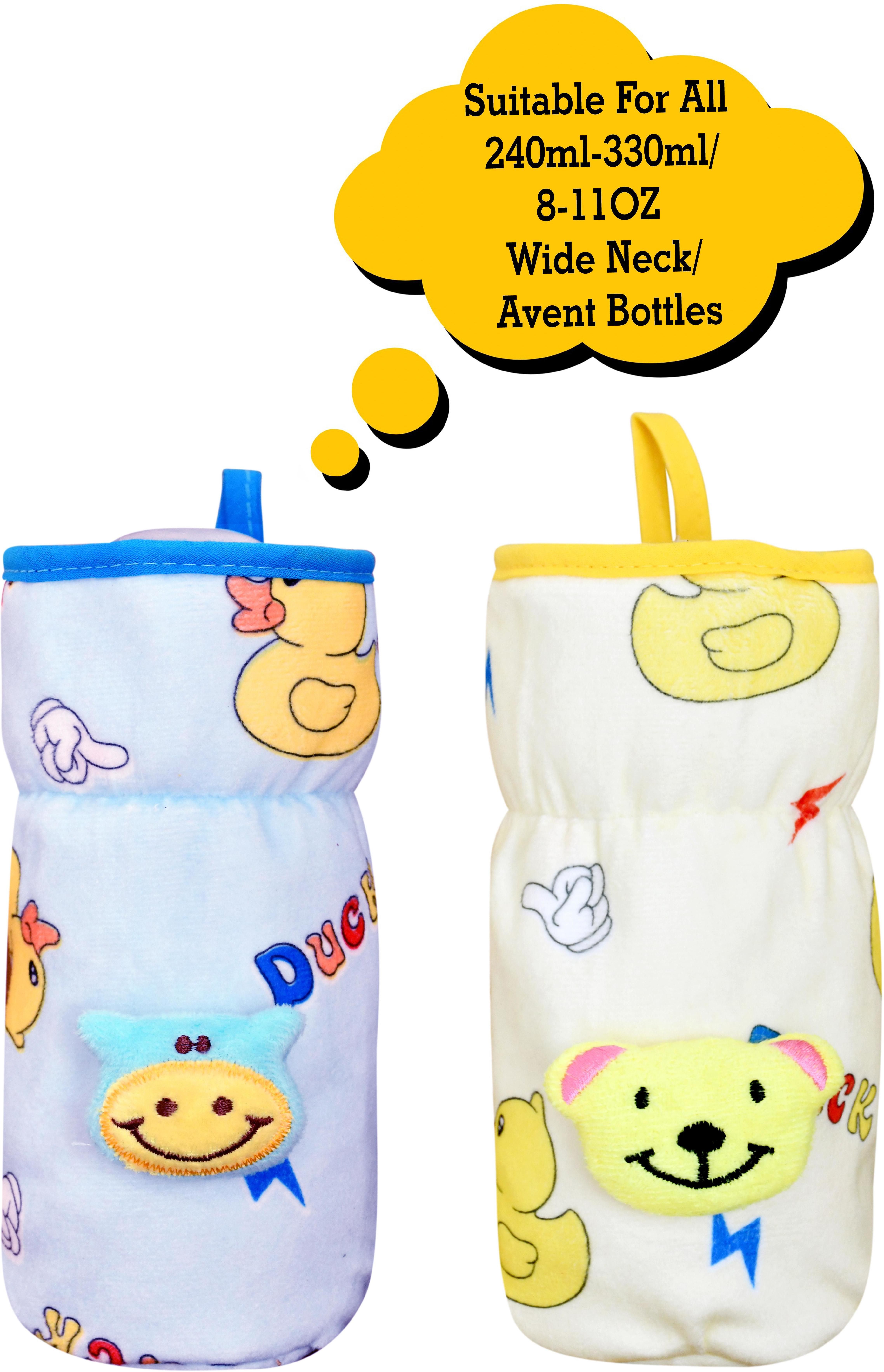 Soft Plush Stretchable Baby Feeding Bottle Cover/Tote Bag/Sleeve with Easy to Hold Strap | Cute Animated Overall Print Pack of 2 (Blue & Yellow, Wide Neck 240-330ml/8-11OZ)-image-4