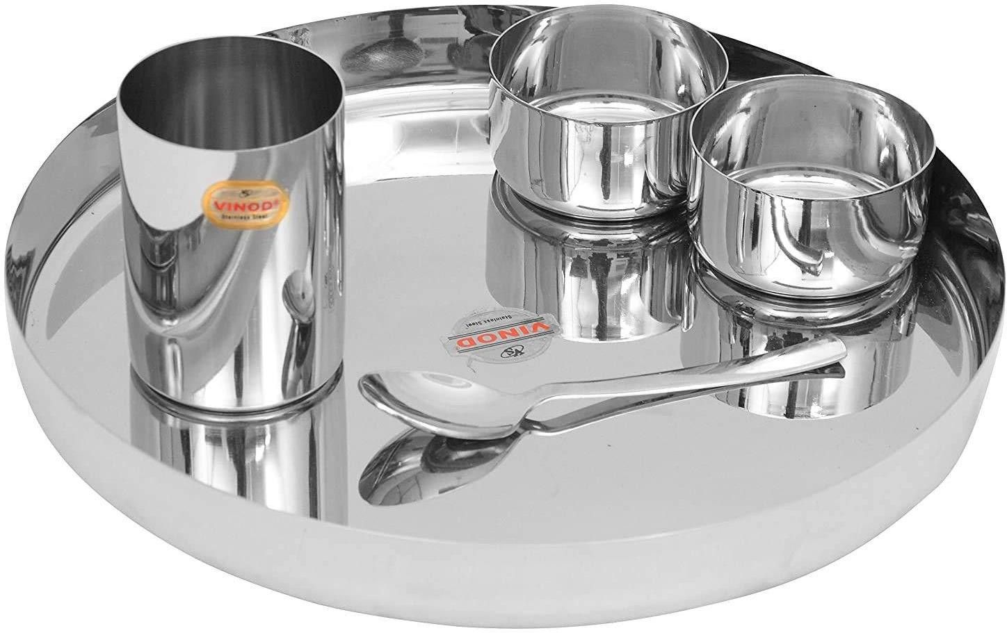vinod Pack of 20 Steel Stainless Steel 20 pcs Thali Set, Dinner Set, Bhojan Set of Dinner Plate, Katori Bowl, Glass, Spoon ( Assembled Dinnerware)kh13 Dinner Set-picture-34