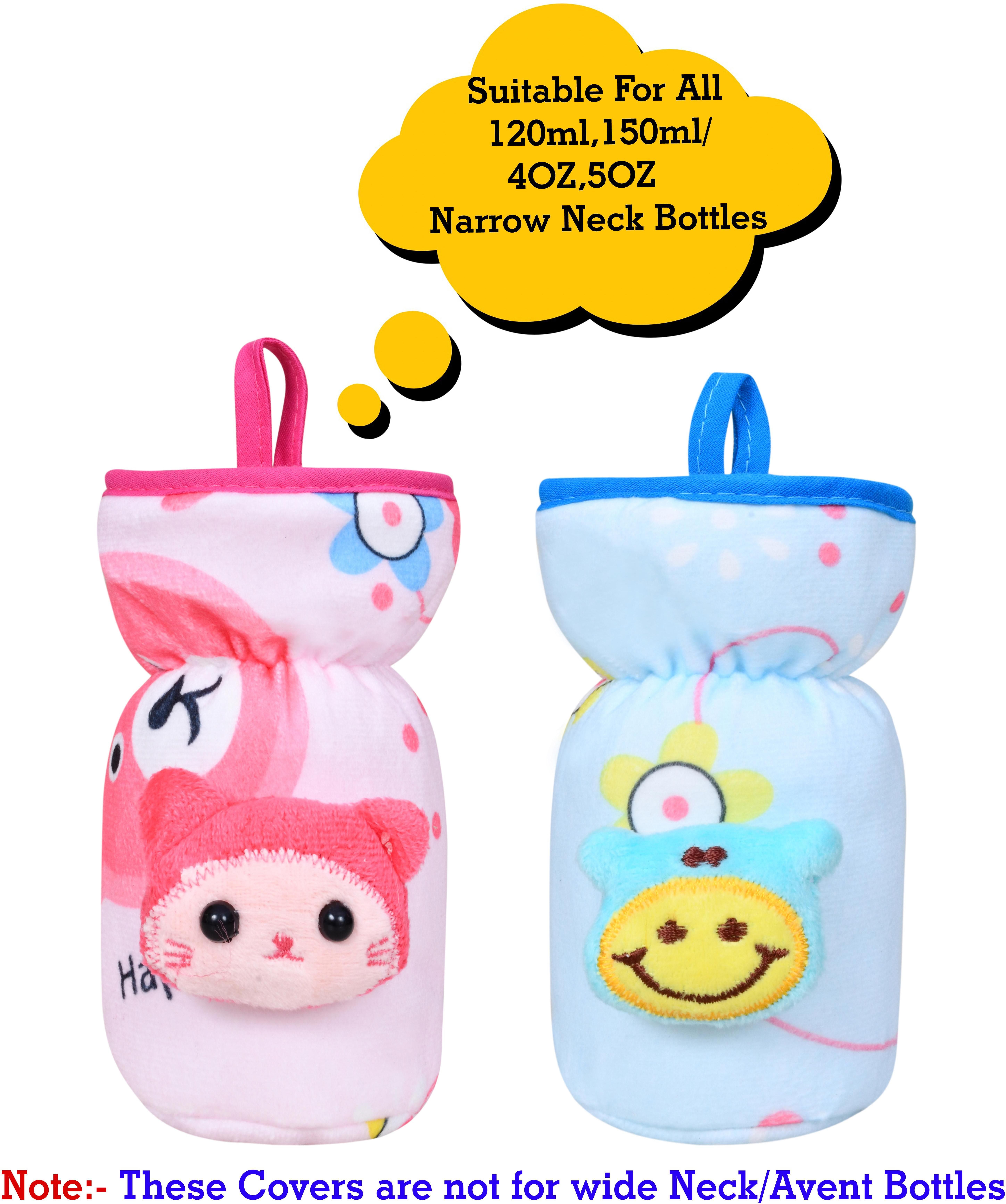 Soft Plush Stretchable Baby Feeding Bottle Cover with Easy to Hold Strap | Suitable for 120ml | Cute Animated Overall Print Pack of 2 (Pink & Blue, Narrow Neck 120ml/4OZ)-image-44