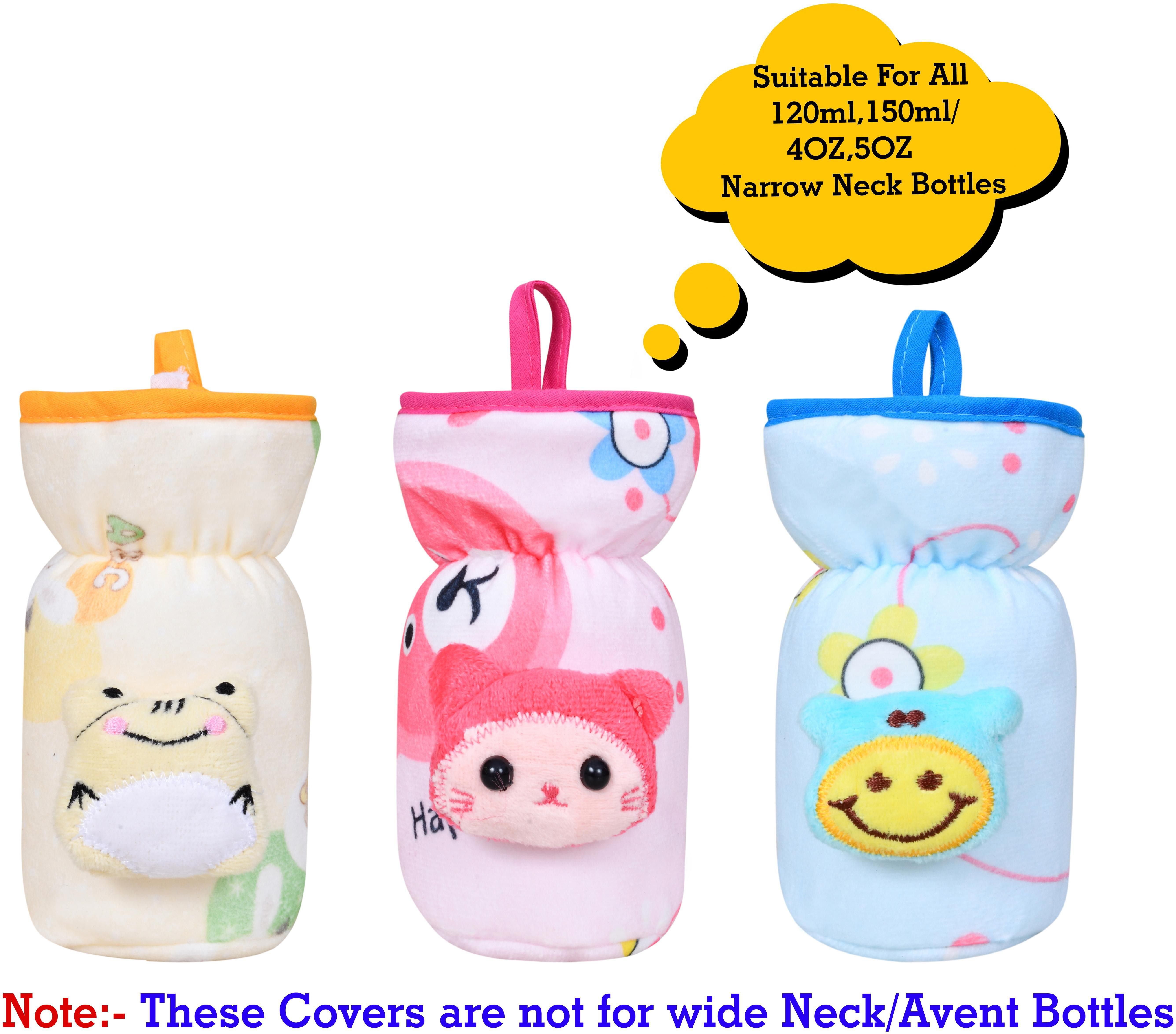 the little lookers Soft Plush Stretchable Baby Feeding Bottle Cover with Easy to Hold Strap | Suitable for 120ml | Cute Animated Overall Print Pack of 3 (Pink, Blue & Yellow, Narrow Neck 120ml/4OZ)-picture-13